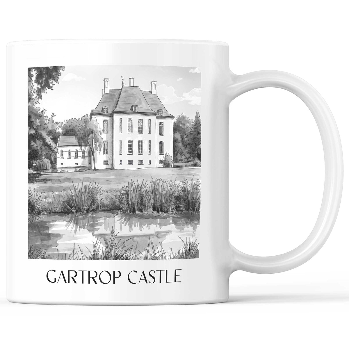 Schloss Gartrop Kaffeebecher - Niederrhein - Deutschland Becher - Kaffeetasse im Aquarell Schwarz-Weiß Stil - favplace