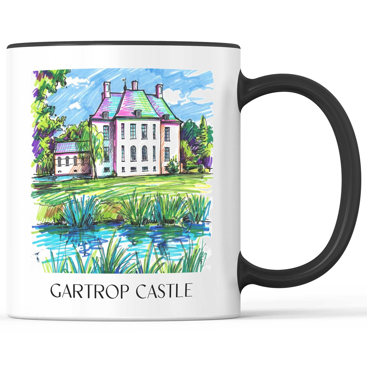 Schloss Gartrop Kaffeebecher - Niederrhein - Deutschland Becher - Kaffeetasse im Tag Graffiti Stil - favplace