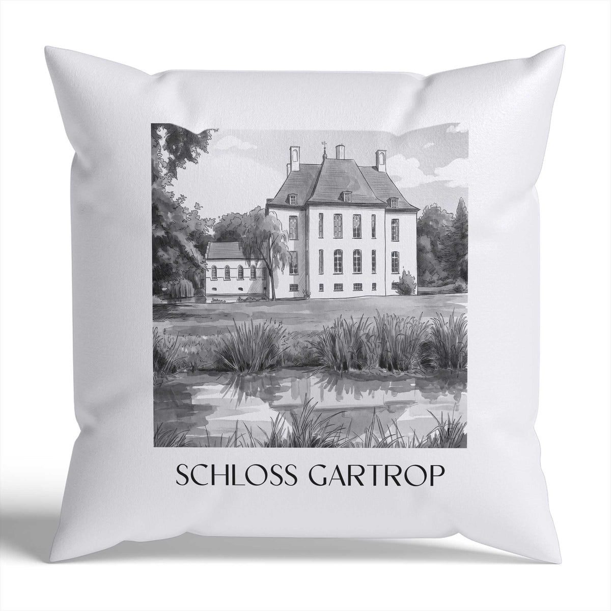 schloss-gartrop-niederrhein-deutschland-kissenbezug-aquarell-schwarz-weiss