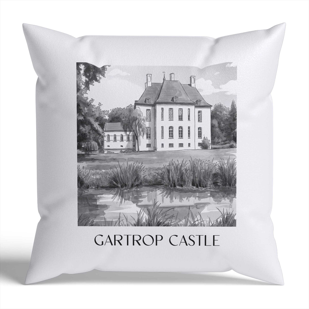 Schloss Gartrop Kissenhülle - Zierkissen Bezug - Niederrhein - Deutschland Kissen bzw. Kissenbezug im Aquarell Schwarz-Weiß Stil - favplace