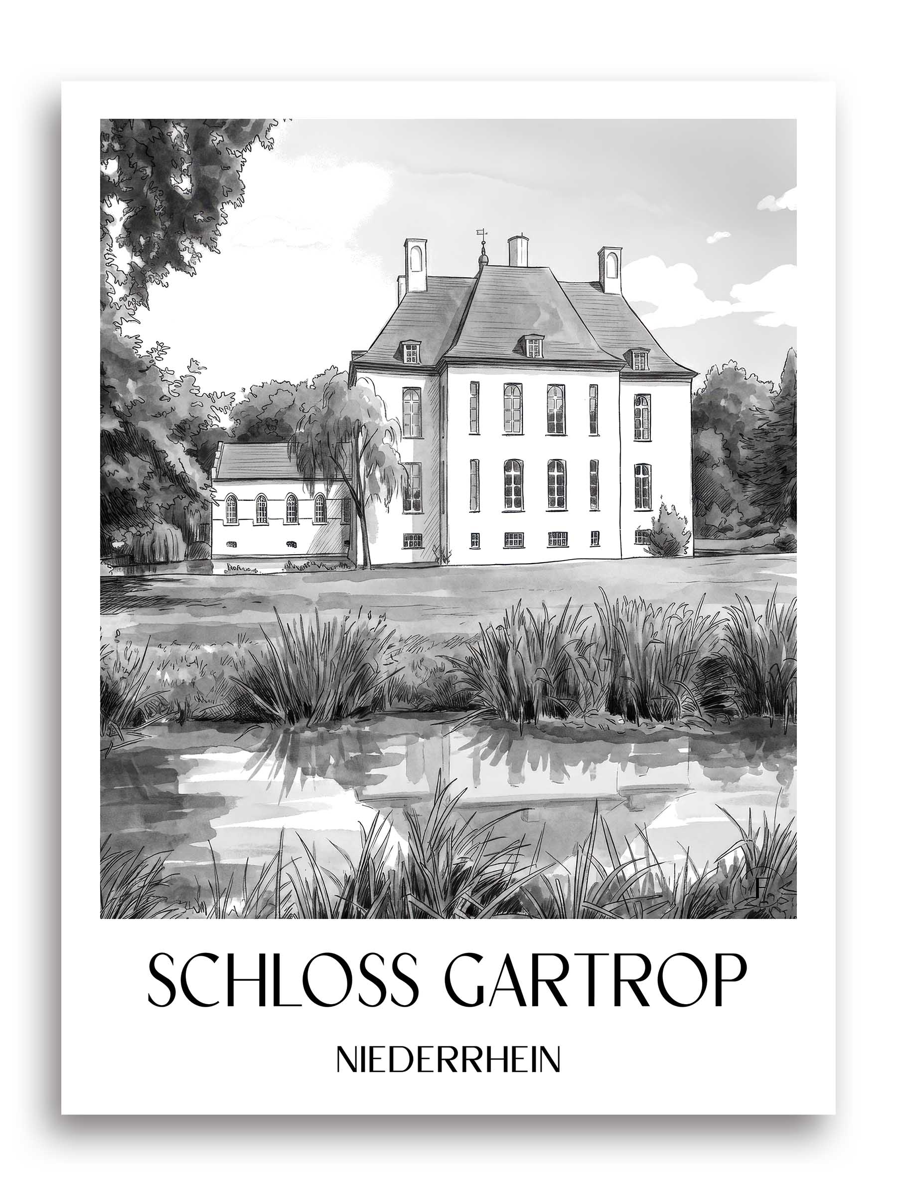 schloss-gartrop-niederrhein-deutschland-poster-aquarell-schwarz-weiss