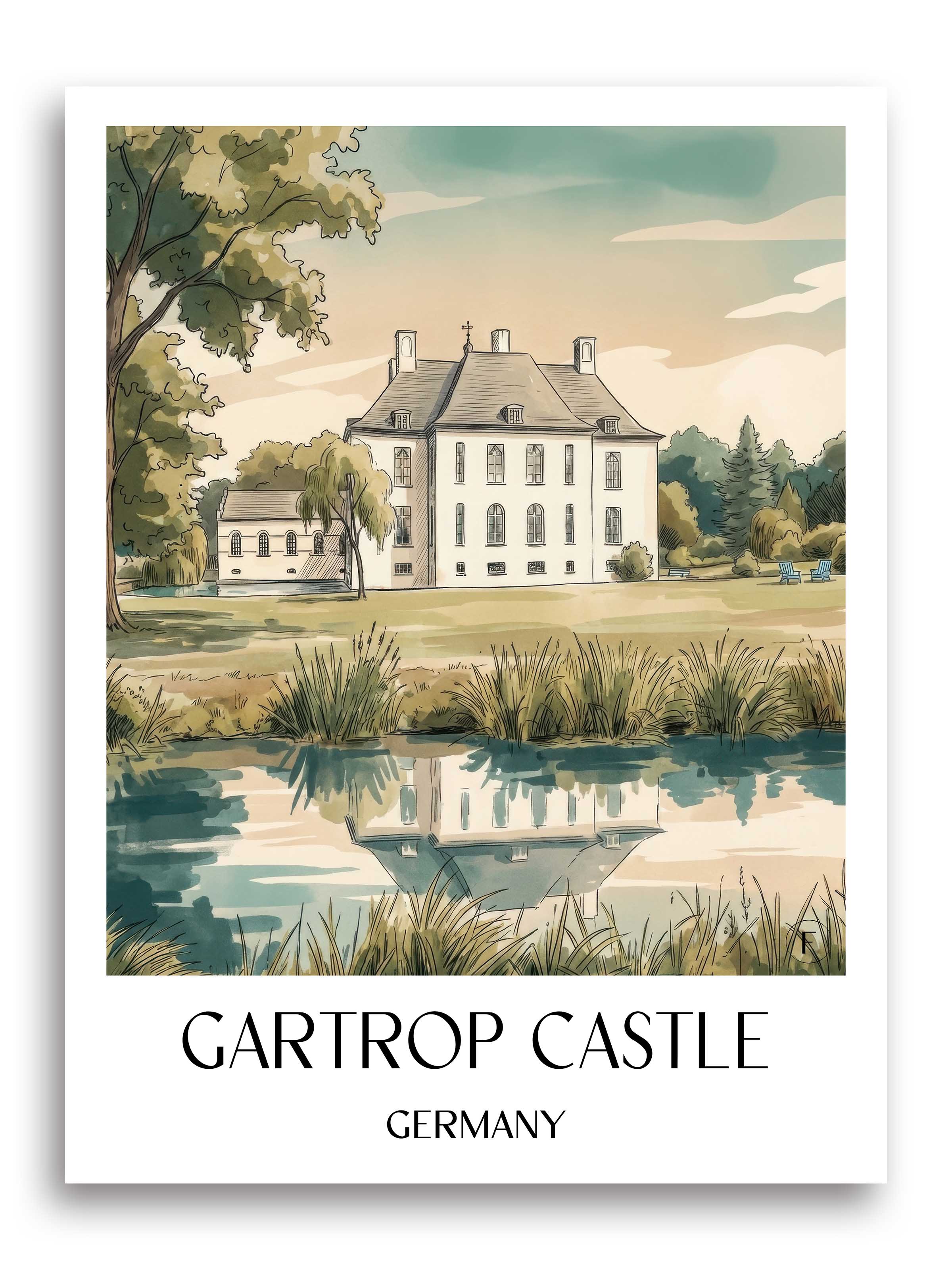 Schloss Gartrop Poster - Niederrhein - Deutschland Kunstdruck - Aquarell von A4 bis A1 - favplace