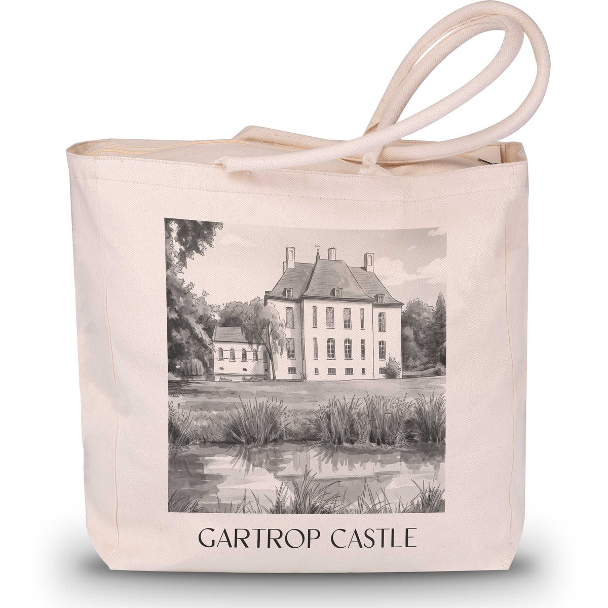 Schloss Gartrop Shopping Tasche - Niederrhein - Deutschland Tote Bag - Einkaufstasche im Aquarell Schwarz-Weiß Stil - favplace