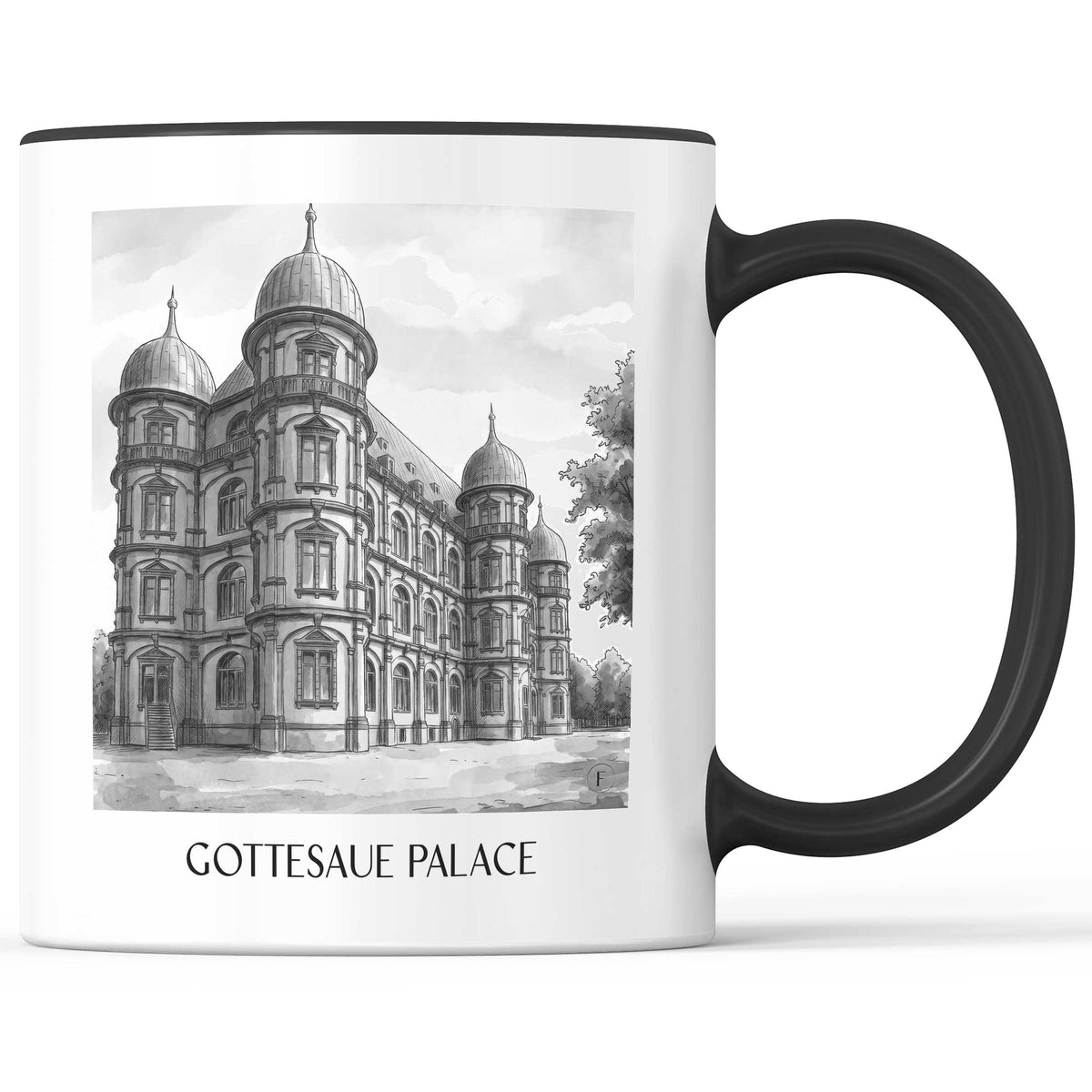 Schloss Gottesaue Kaffeebecher - Karlsruhe - Deutschland Becher - Kaffeetasse im Aquarell Schwarz-Weiß Stil - favplace