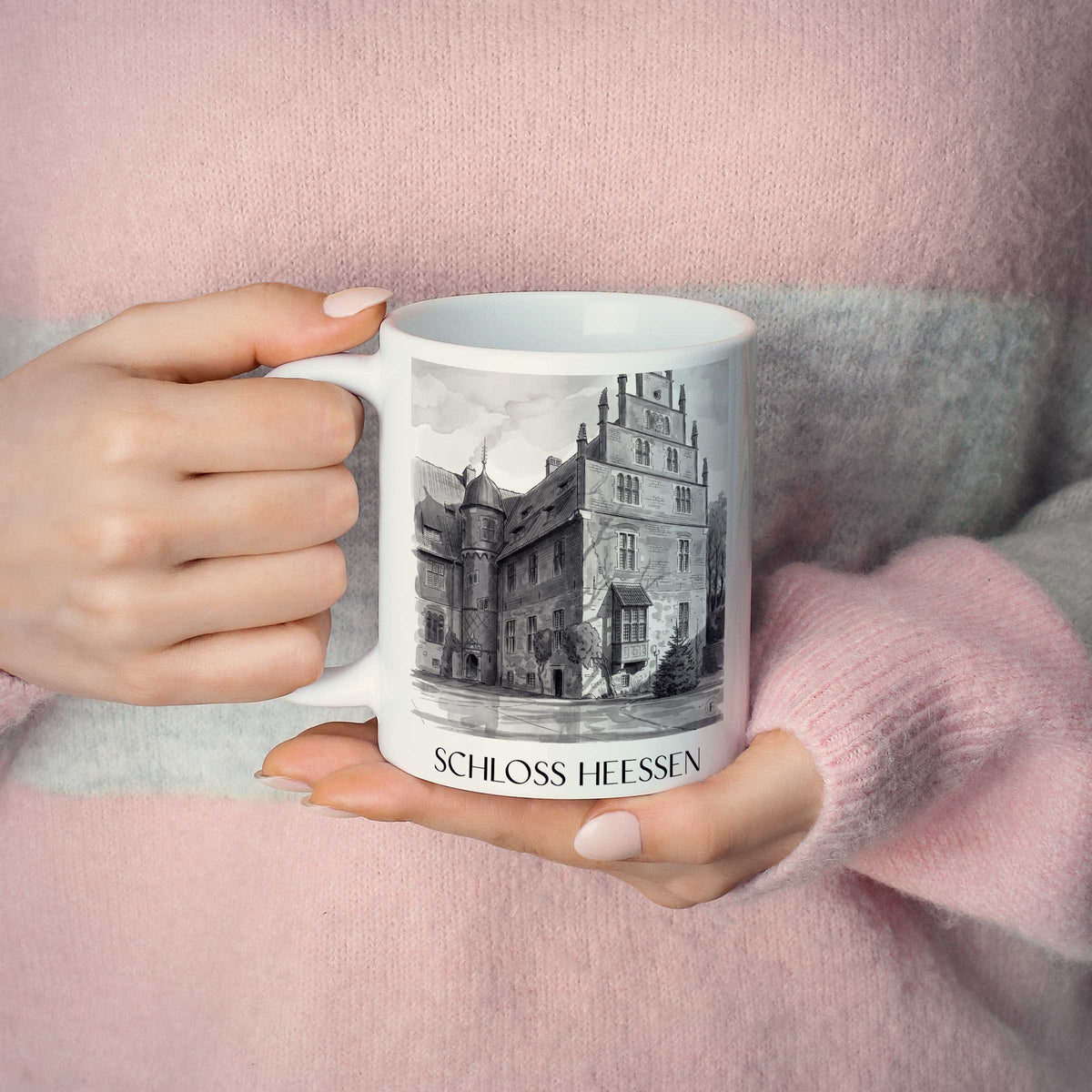 schloss-heessen-hamm-deutschland-kaffeebecher-aquarell-schwarz-weiss