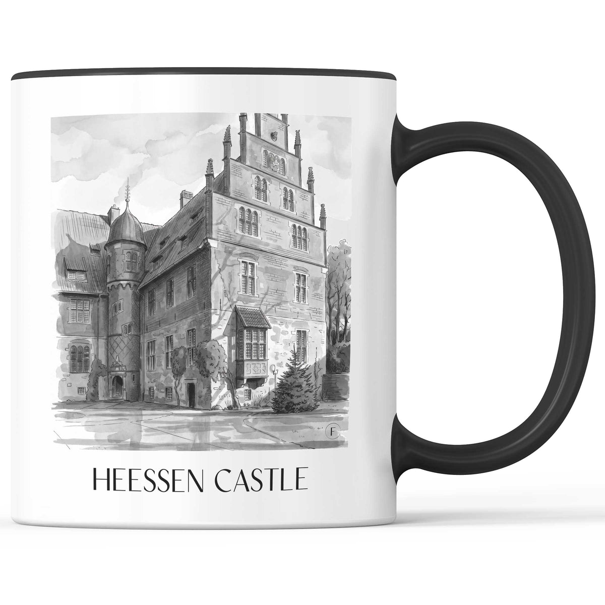 Schloss Heessen Kaffeebecher - Hamm - Deutschland Becher - Kaffeetasse im Aquarell Schwarz-Weiß Stil - favplace