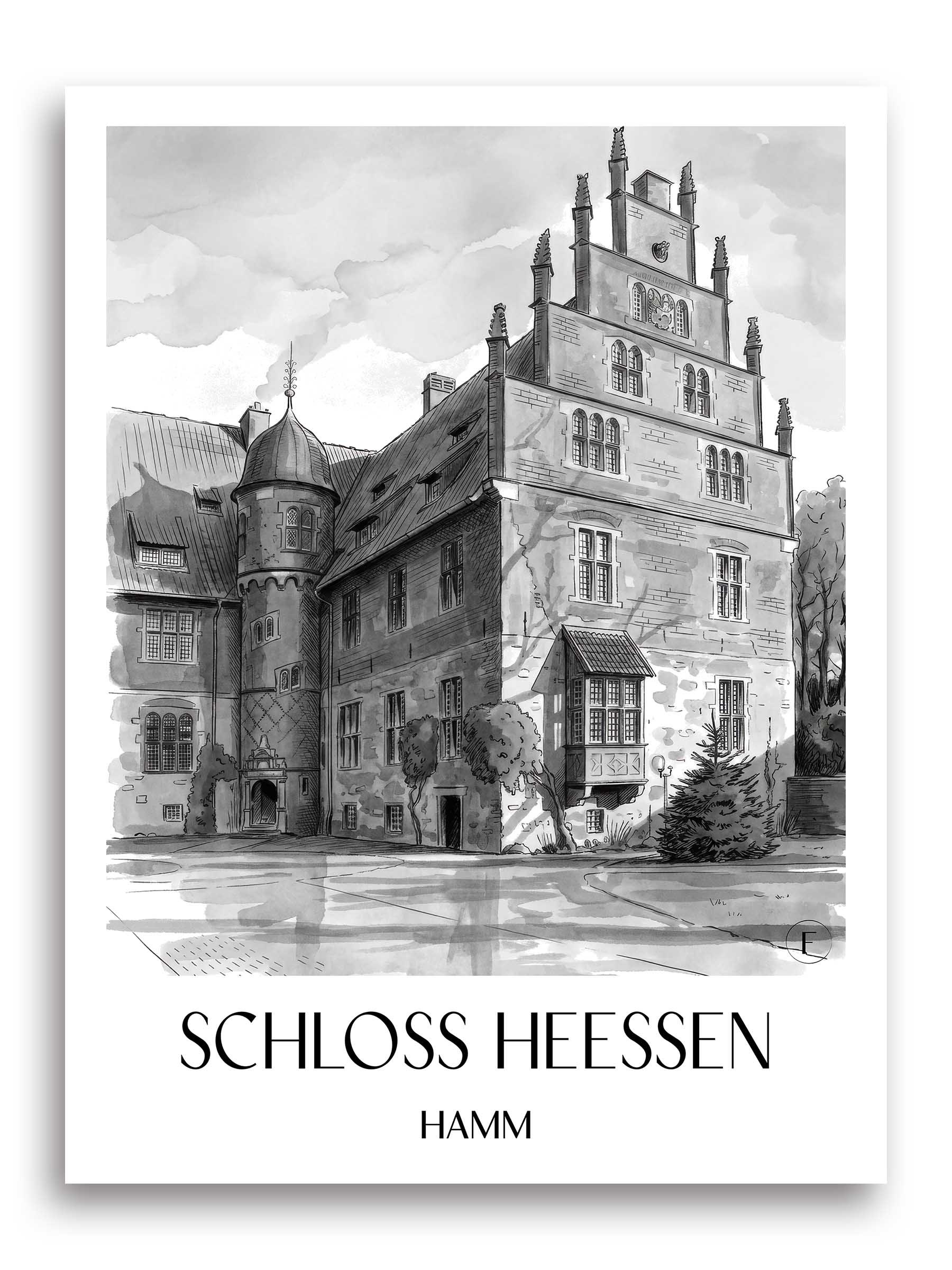 schloss-heessen-hamm-deutschland-poster-aquarell-schwarz-weiss