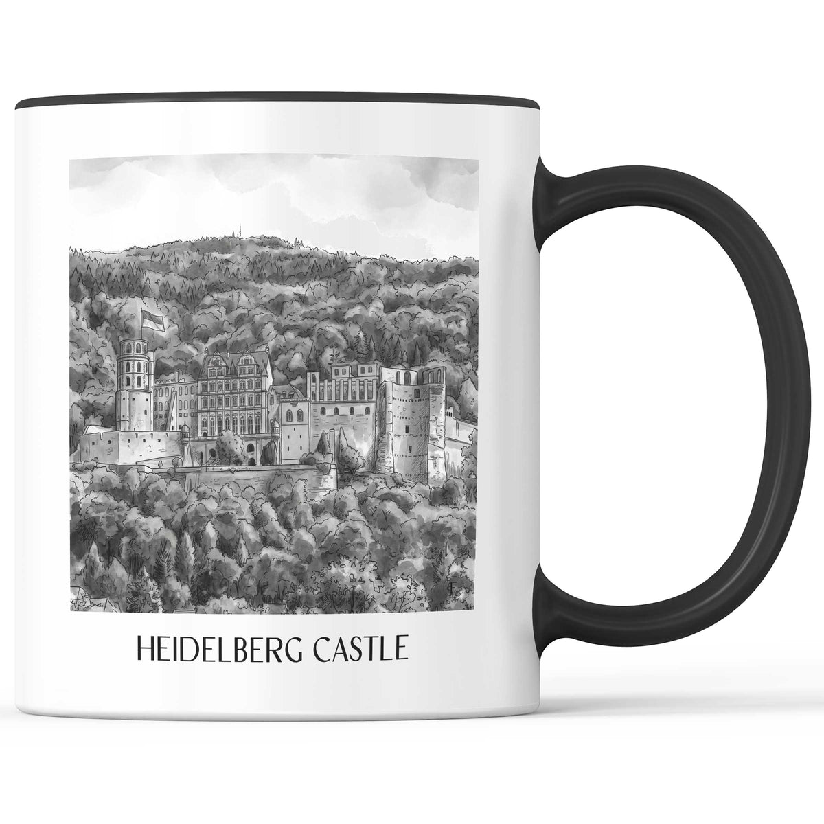Schloss Heidelberg Kaffeebecher - Baden-Württemberg - Deutschland Becher - Kaffeetasse im Aquarell Schwarz-Weiß Stil - favplace