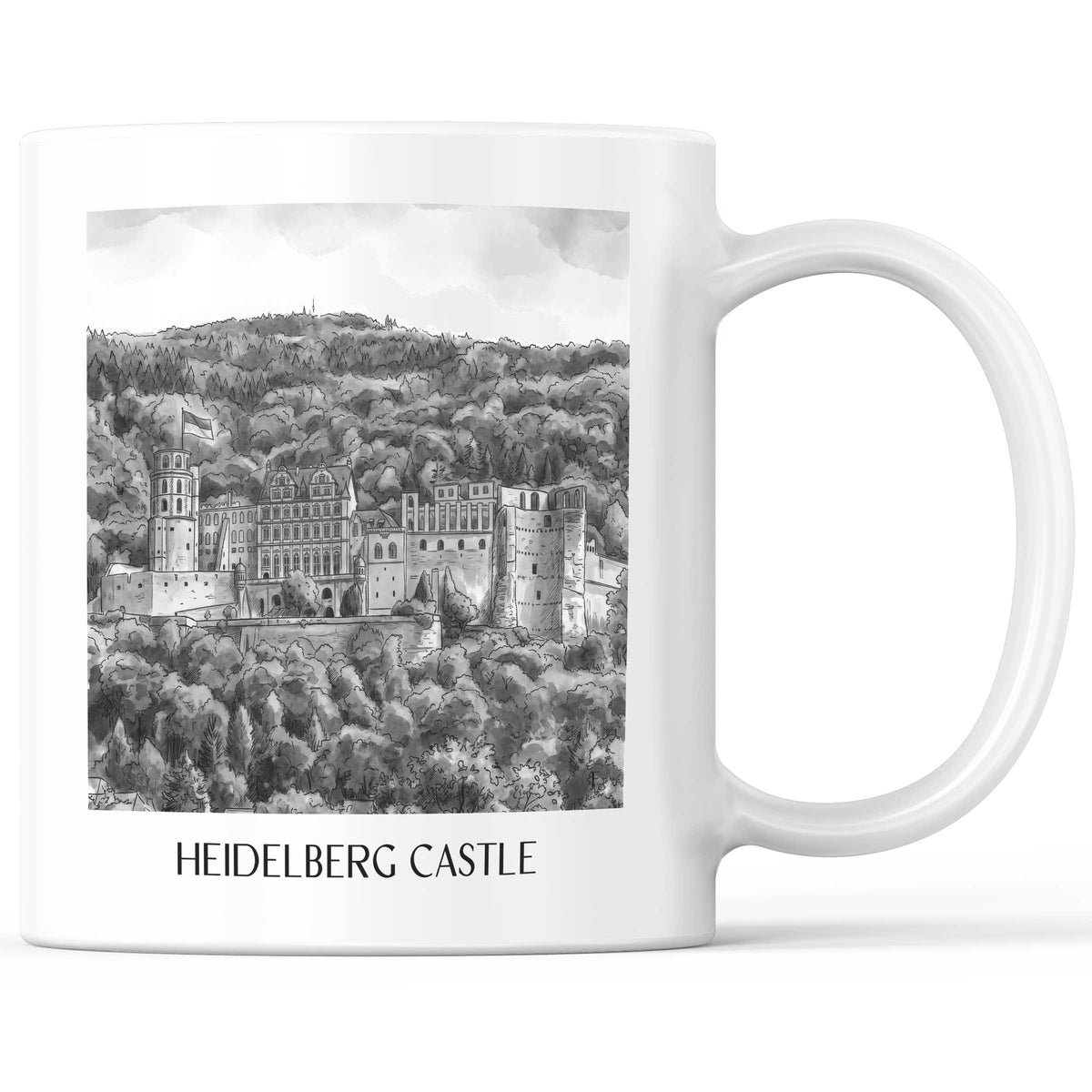 Schloss Heidelberg Kaffeebecher - Baden-Württemberg - Deutschland Becher - Kaffeetasse im Aquarell Schwarz-Weiß Stil - favplace