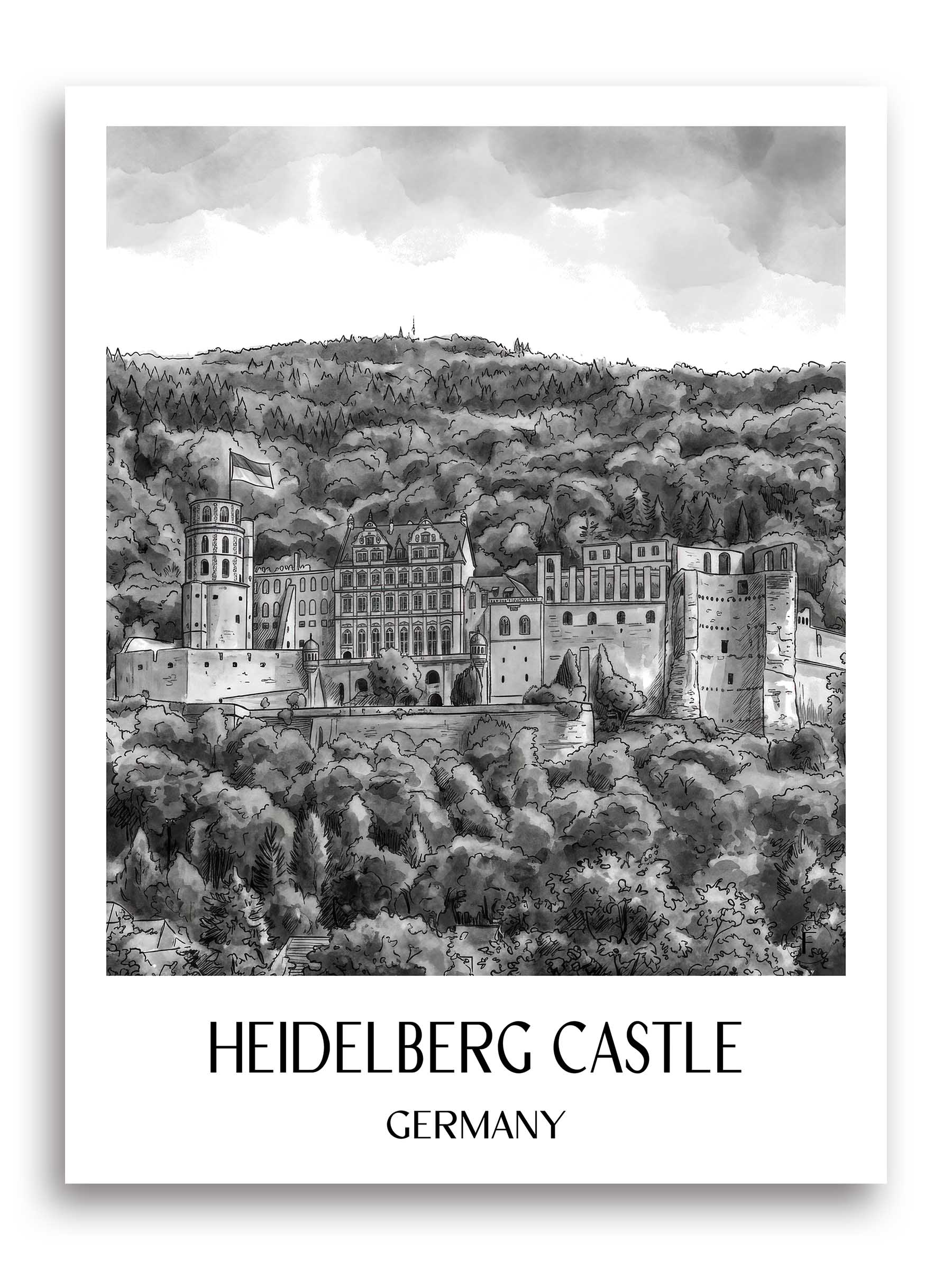 Schloss Heidelberg Poster - Baden-Württemberg - Deutschland Kunstdruck - Aquarell Schwarz-Weiß von A4 bis A1