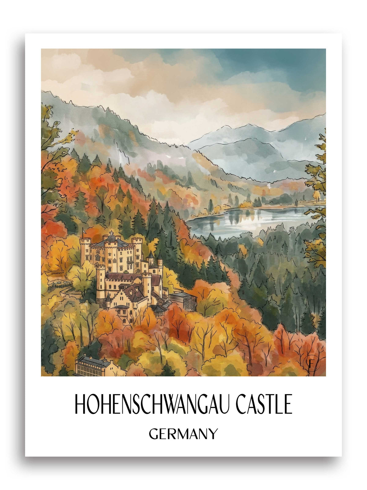 Schloss Hohenschwangau Poster - Ostallgäu - Deutschland Kunstdruck - Aquarell von A4 bis A1 - favplace