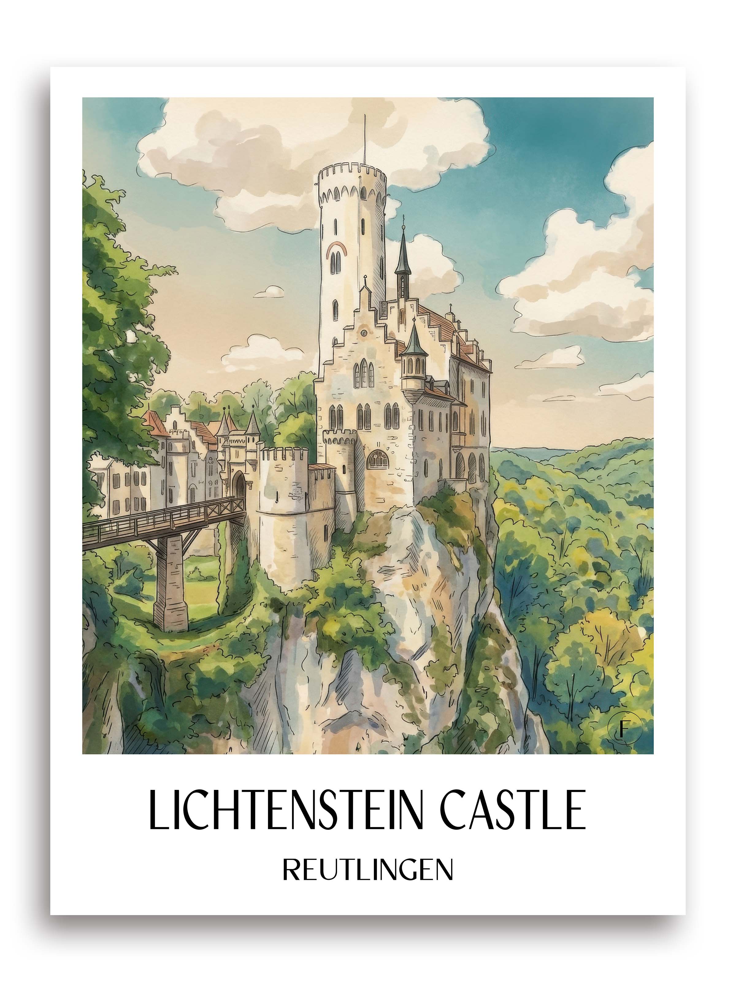 Schloss Lichtenstein Poster - Reutlingen - Deutschland Kunstdruck - Aquarell von A4 bis A1 - favplace