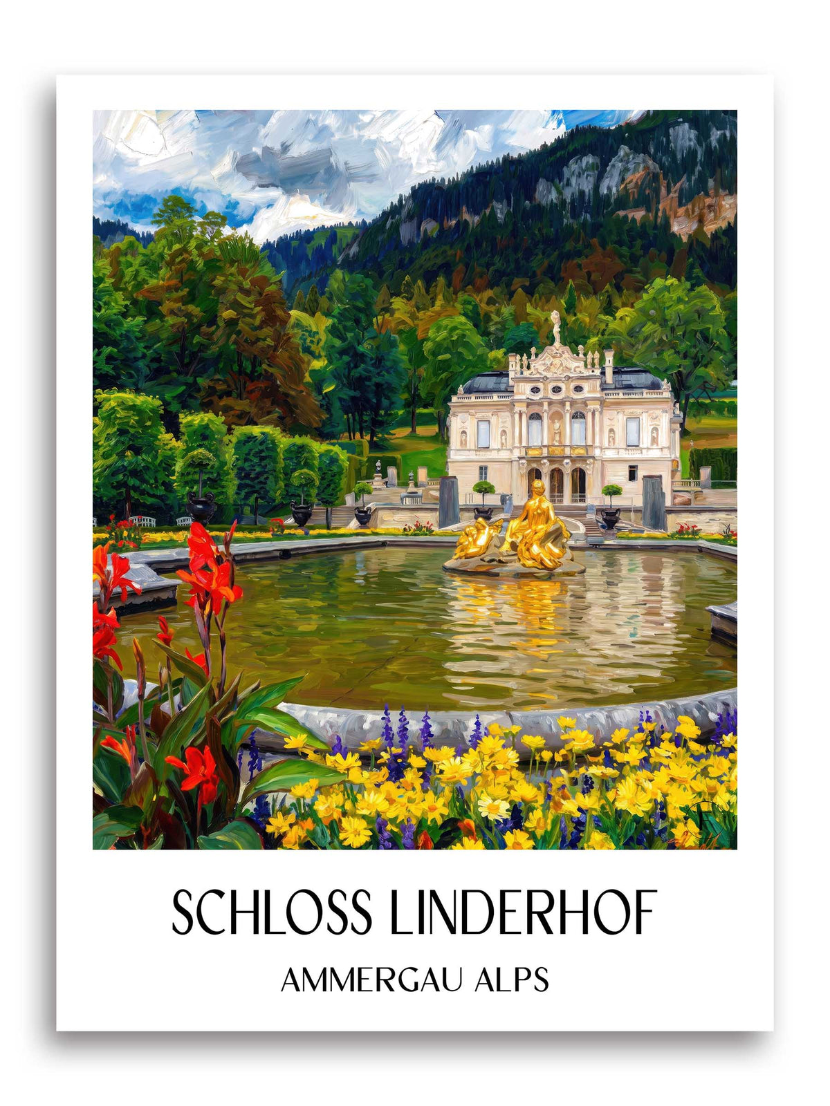 Schloss Linderhof Poster - Ammergauer Alpen - Deutschland Kunstdruck - Ölgemälde von A4 bis A1 - favplace