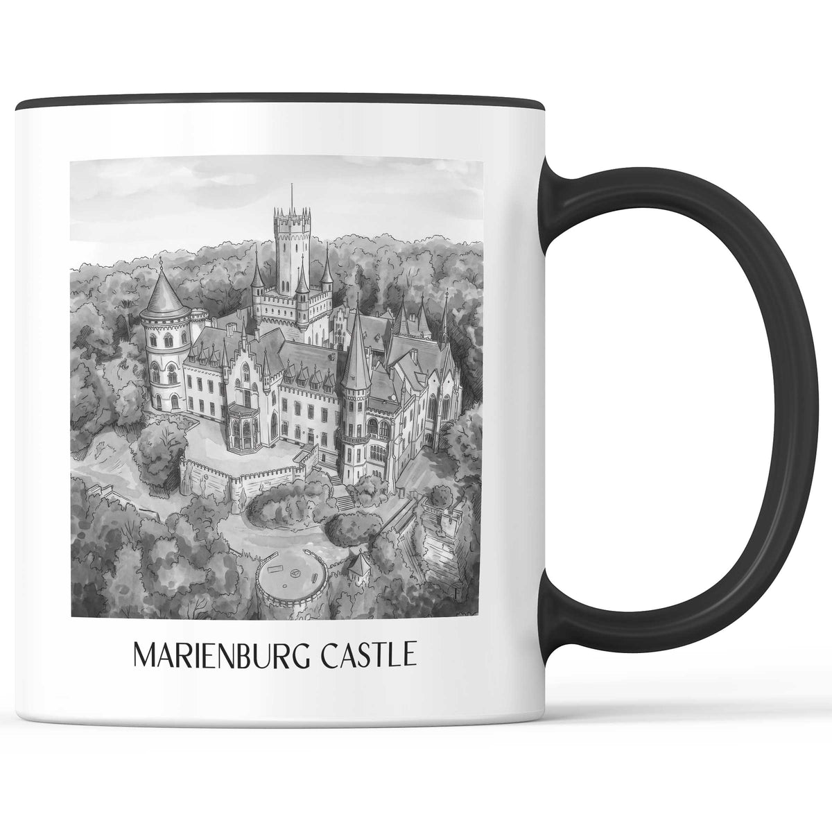 Schloss Marienburg Kaffeebecher - Pattensen - Deutschland Becher - Kaffeetasse im Aquarell Schwarz-Weiß Stil - favplace