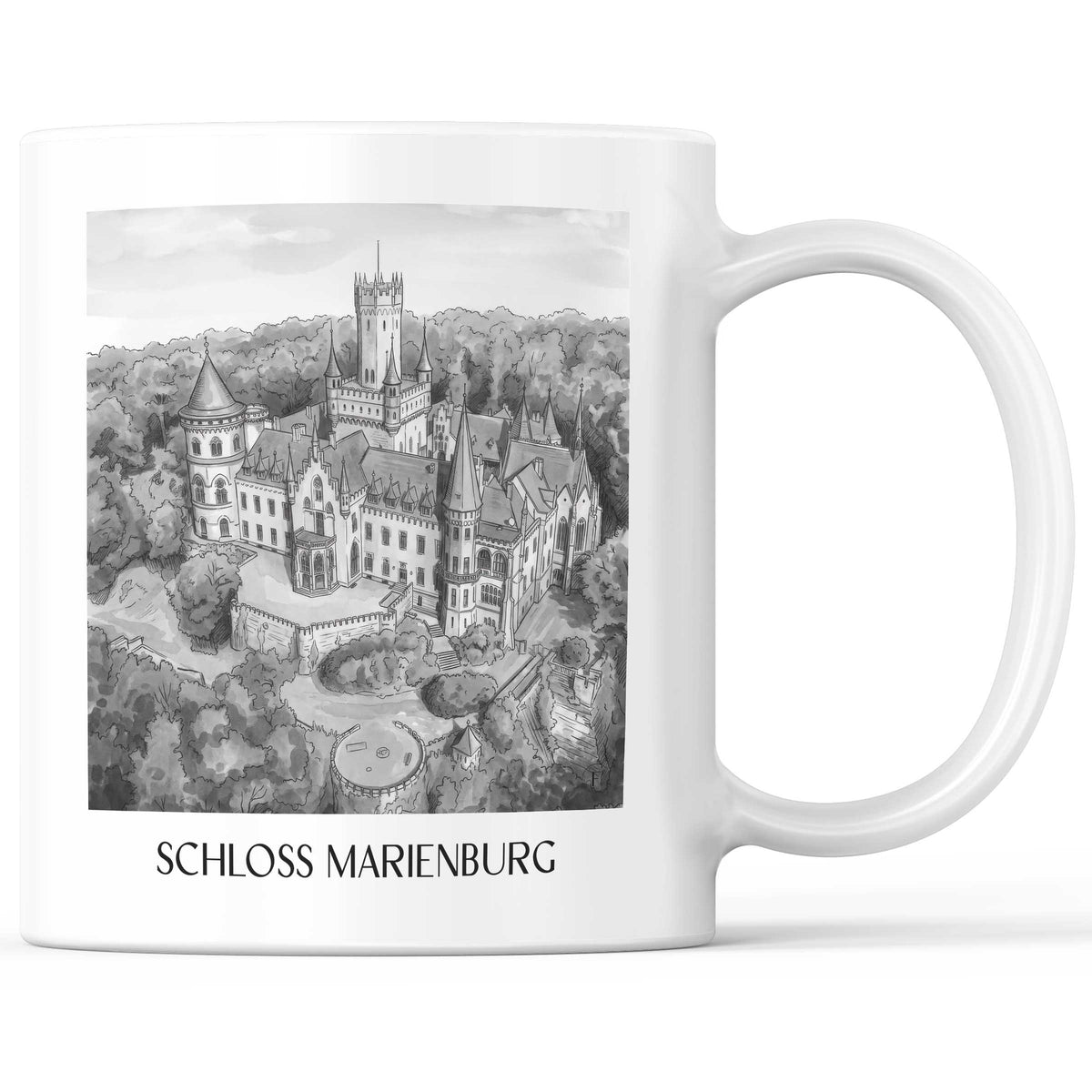Schloss Marienburg Kaffeebecher - Pattensen - Deutschland Becher - Kaffeetasse im Aquarell Schwarz-Weiß Stil - favplace