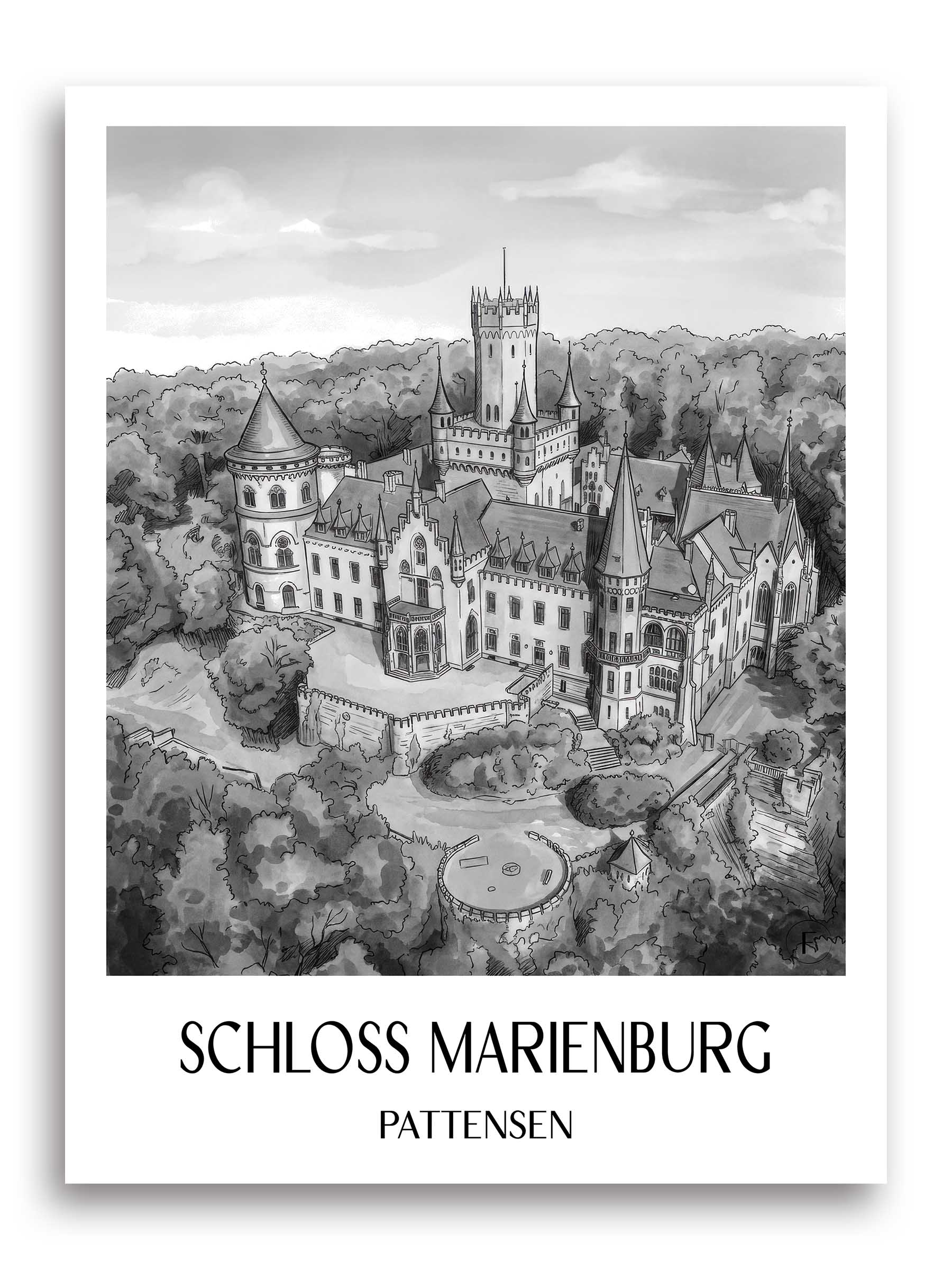 schloss-marienburg-pattensen-deutschland-poster-aquarell-schwarz-weiss