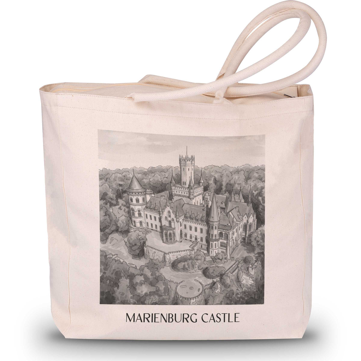 Schloss Marienburg Shopping Tasche - Pattensen - Deutschland Tote Bag - Einkaufstasche im Aquarell Schwarz-Weiß Stil - favplace
