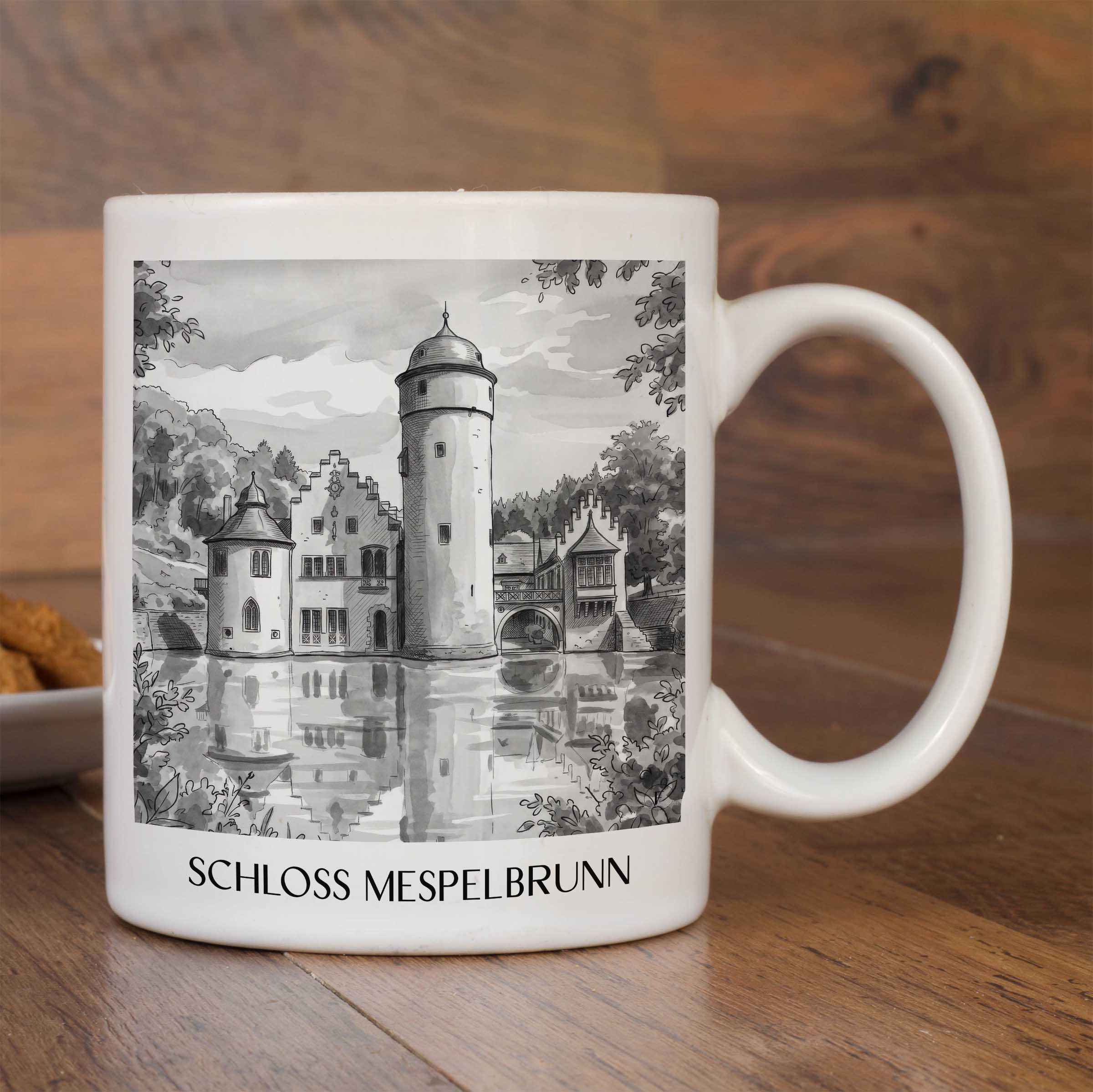 schloss-mespelbrunn-spessart-deutschland-kaffeebecher-aquarell-schwarz-weiss