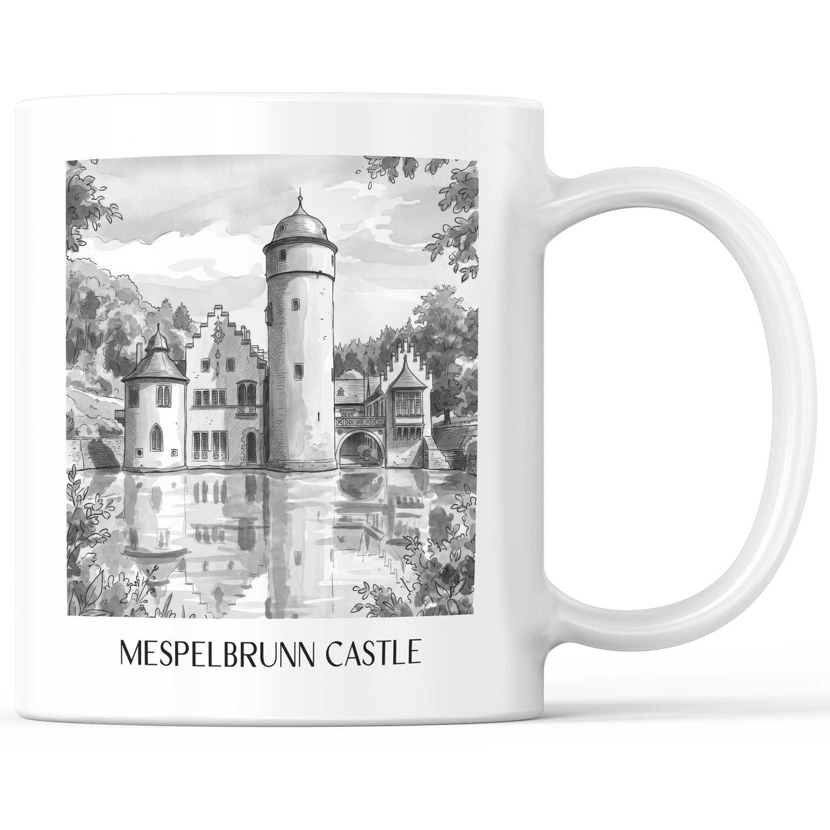 Schloss Mespelbrunn Kaffeebecher - Spessart - Deutschland Becher - Kaffeetasse im Aquarell Schwarz-Weiß Stil - favplace