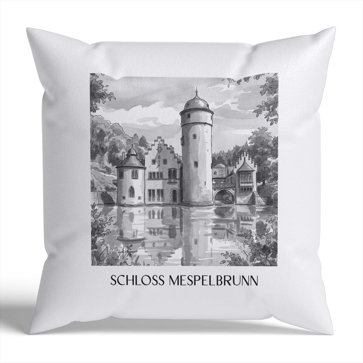 schloss-mespelbrunn-spessart-deutschland-kissenbezug-aquarell-schwarz-weiss