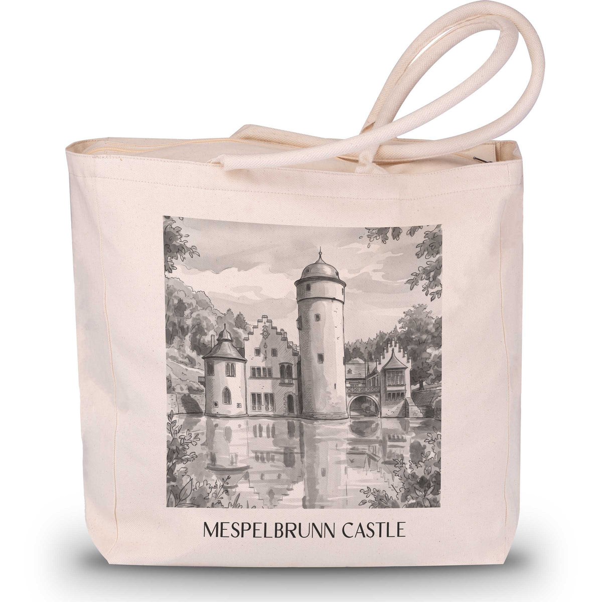Schloss Mespelbrunn Shopping Tasche - Spessart - Deutschland Tote Bag - Einkaufstasche im Aquarell Schwarz-Weiß Stil - favplace