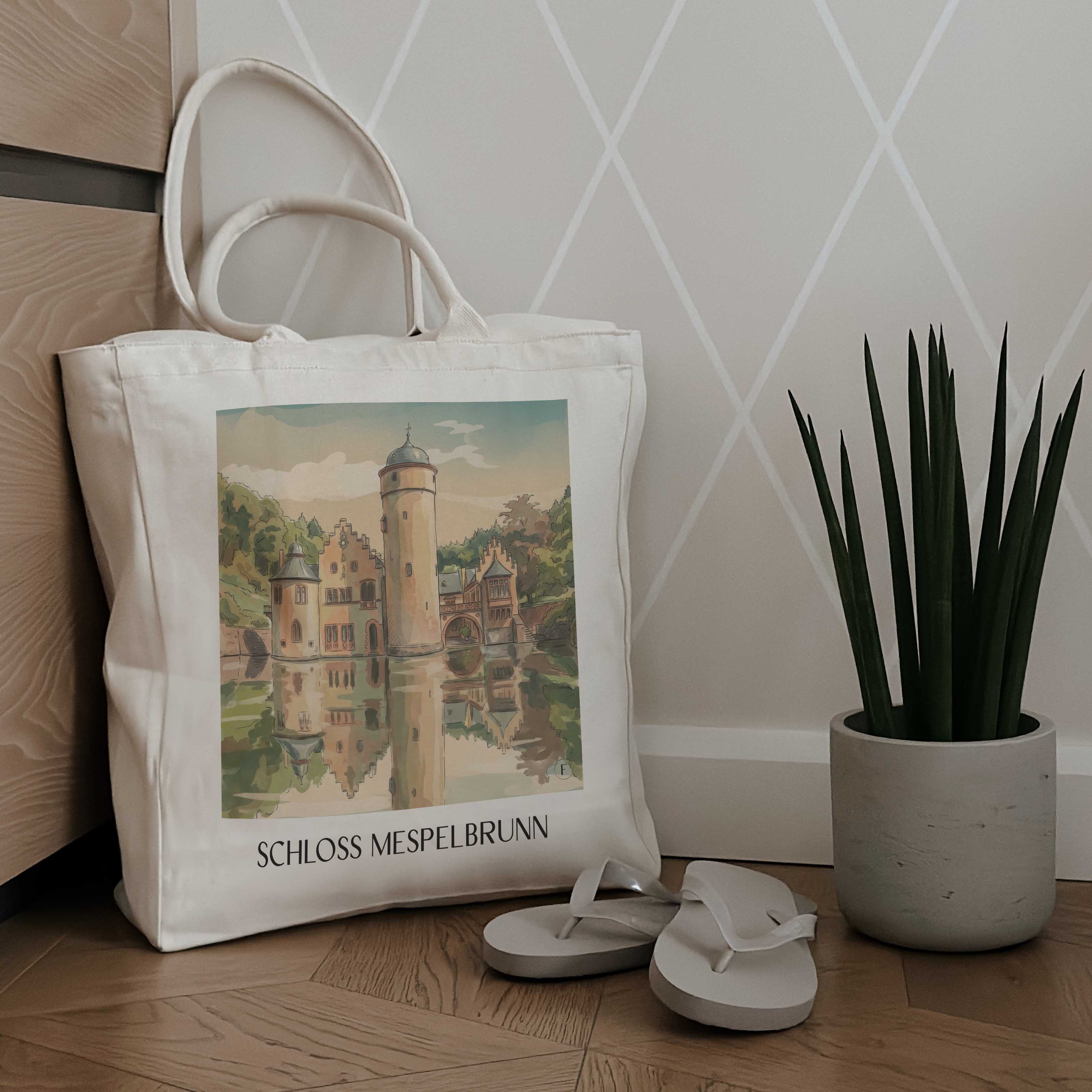 schloss-mespelbrunn-spessart-deutschland-einkaufstasche-aquarell