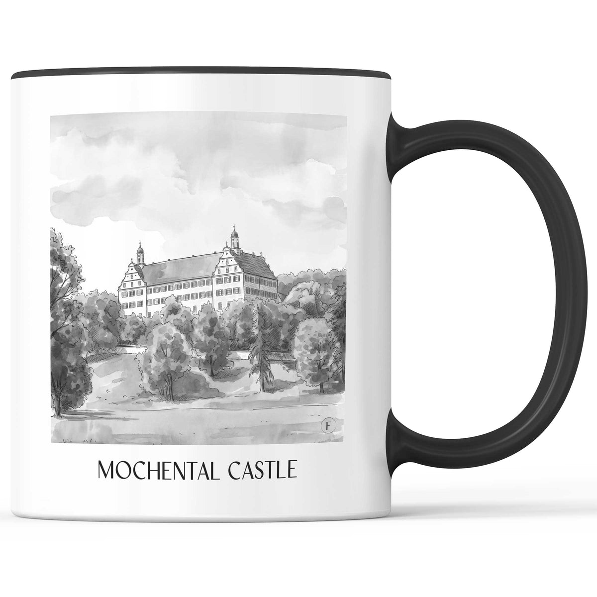 Schloss Mochental Kaffeebecher - Schwäbische Alb - Deutschland Becher - Kaffeetasse im Aquarell Schwarz-Weiß Stil - favplace