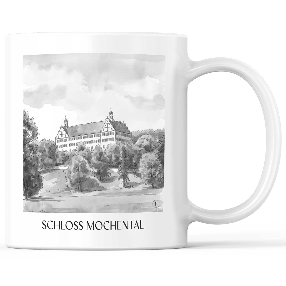 Schloss Mochental Kaffeebecher - Schwäbische Alb - Deutschland Becher - Kaffeetasse im Aquarell Schwarz-Weiß Stil - favplace