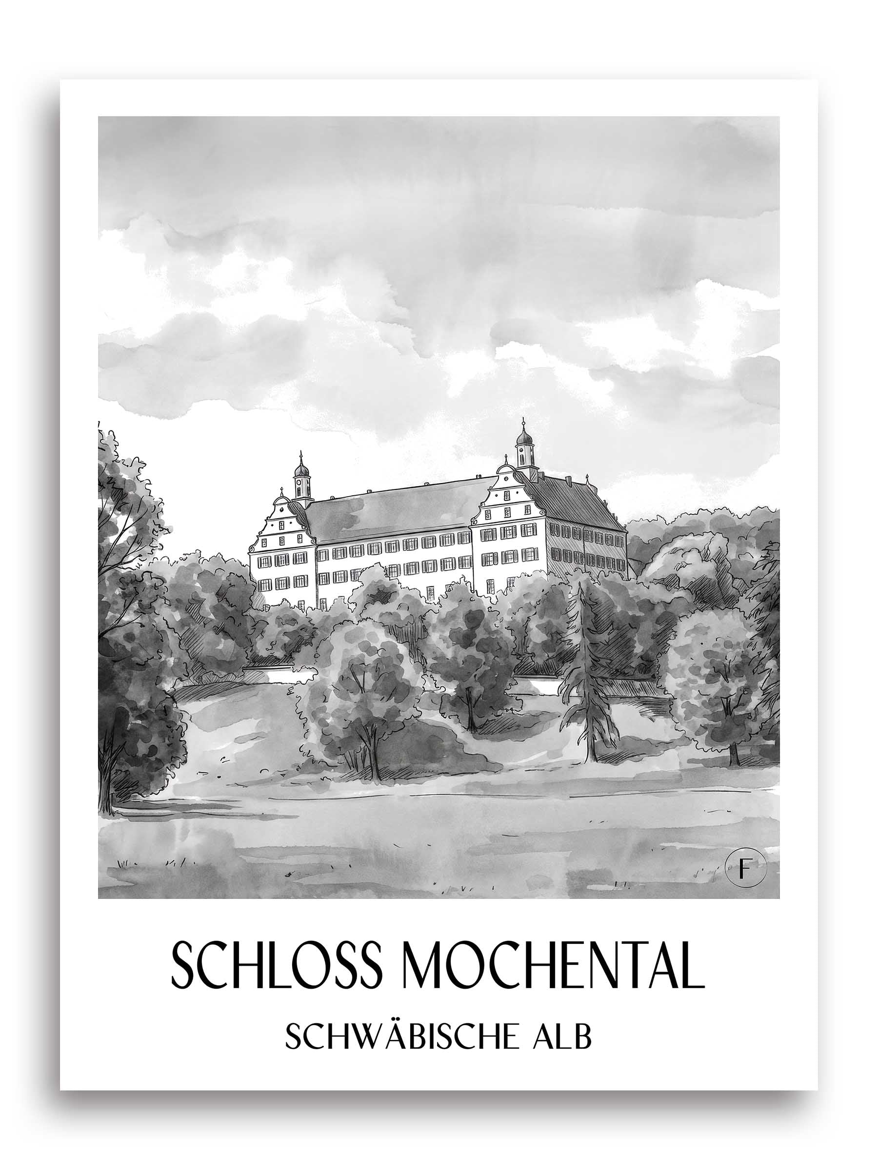 schloss-mochental-schwäbische-alb-deutschland-poster-aquarell-schwarz-weiss