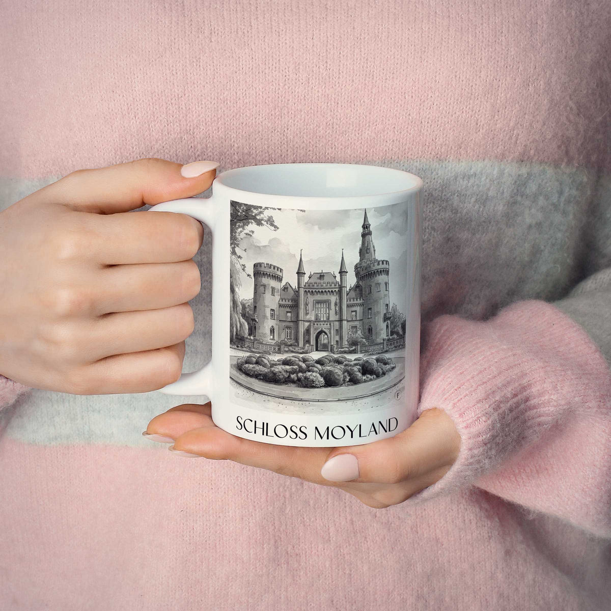 schloss-moyland-niederrhein-deutschland-kaffeebecher-aquarell-schwarz-weiss