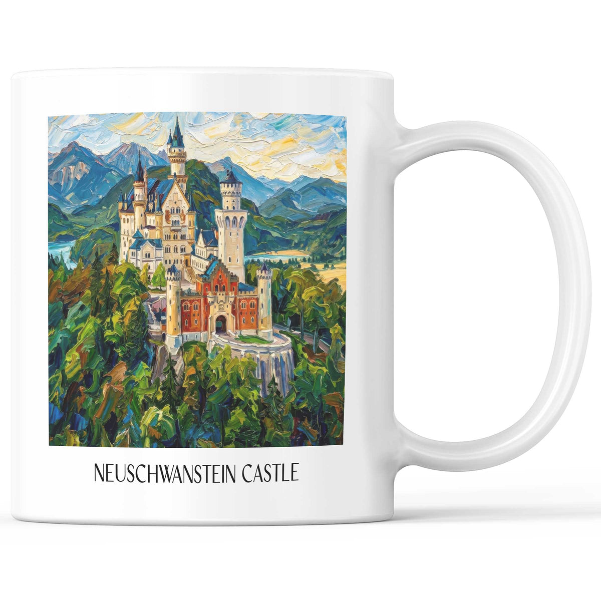Schloss Neuschwanstein (im Winter) Kaffeebecher - Ostallgäu - Deutschland Becher - Kaffeetasse im Ölgemälde Stil - favplace