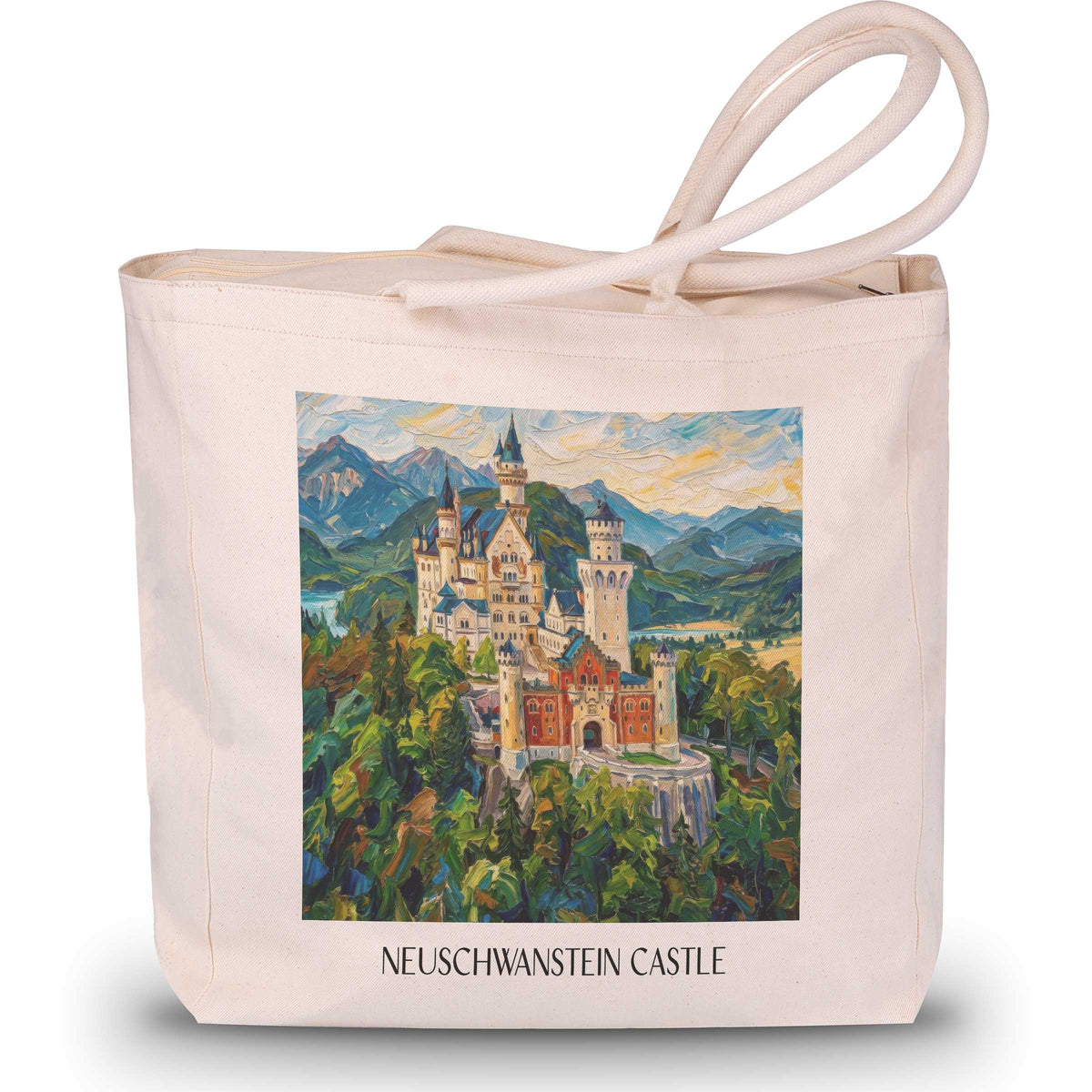 Schloss Neuschwanstein (im Winter) Shopping Tasche - Ostallgäu - Deutschland Tote Bag - Einkaufstasche im Ölgemälde Stil - favplace