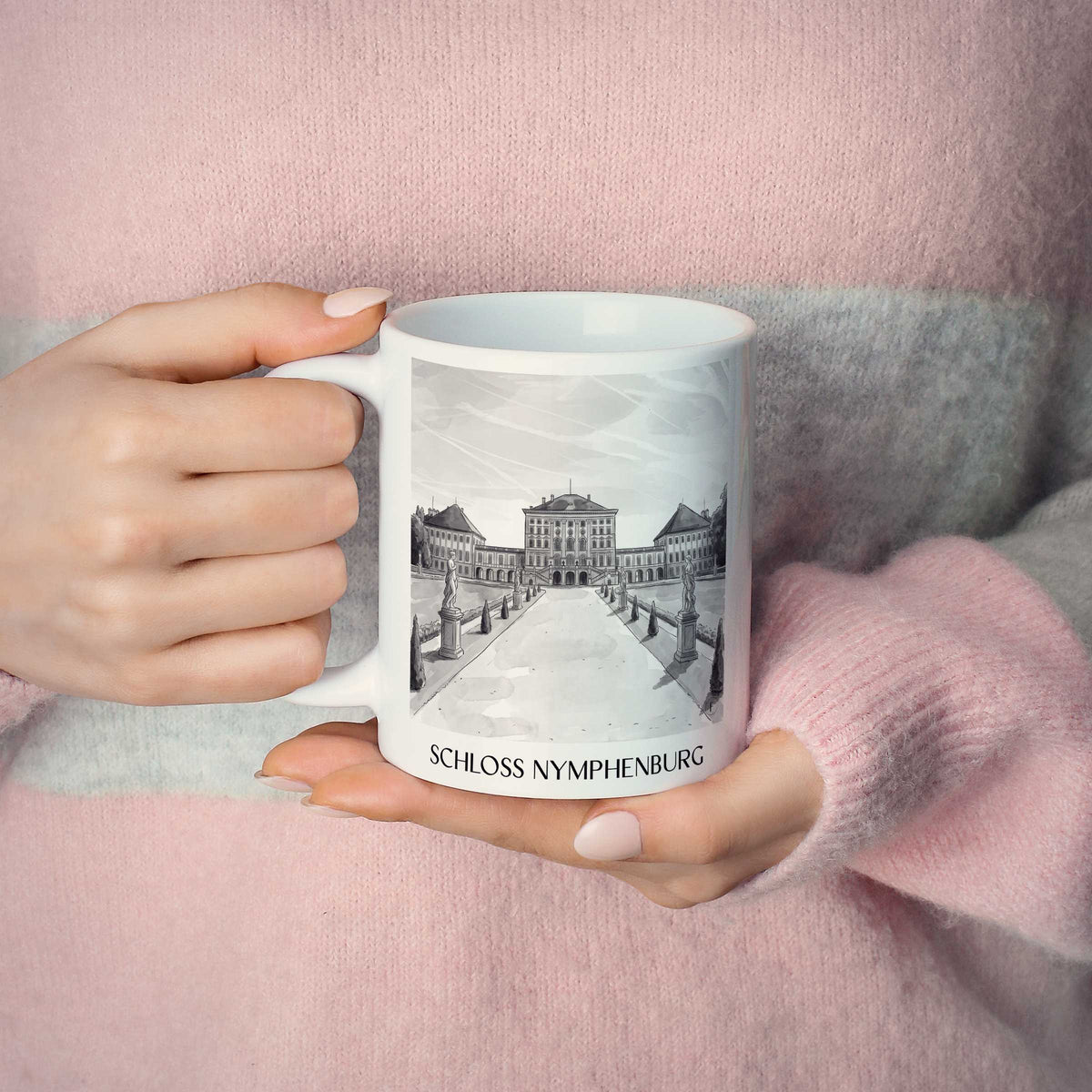 schloss-nymphenburg-münchen-deutschland-kaffeebecher-aquarell-schwarz-weiss