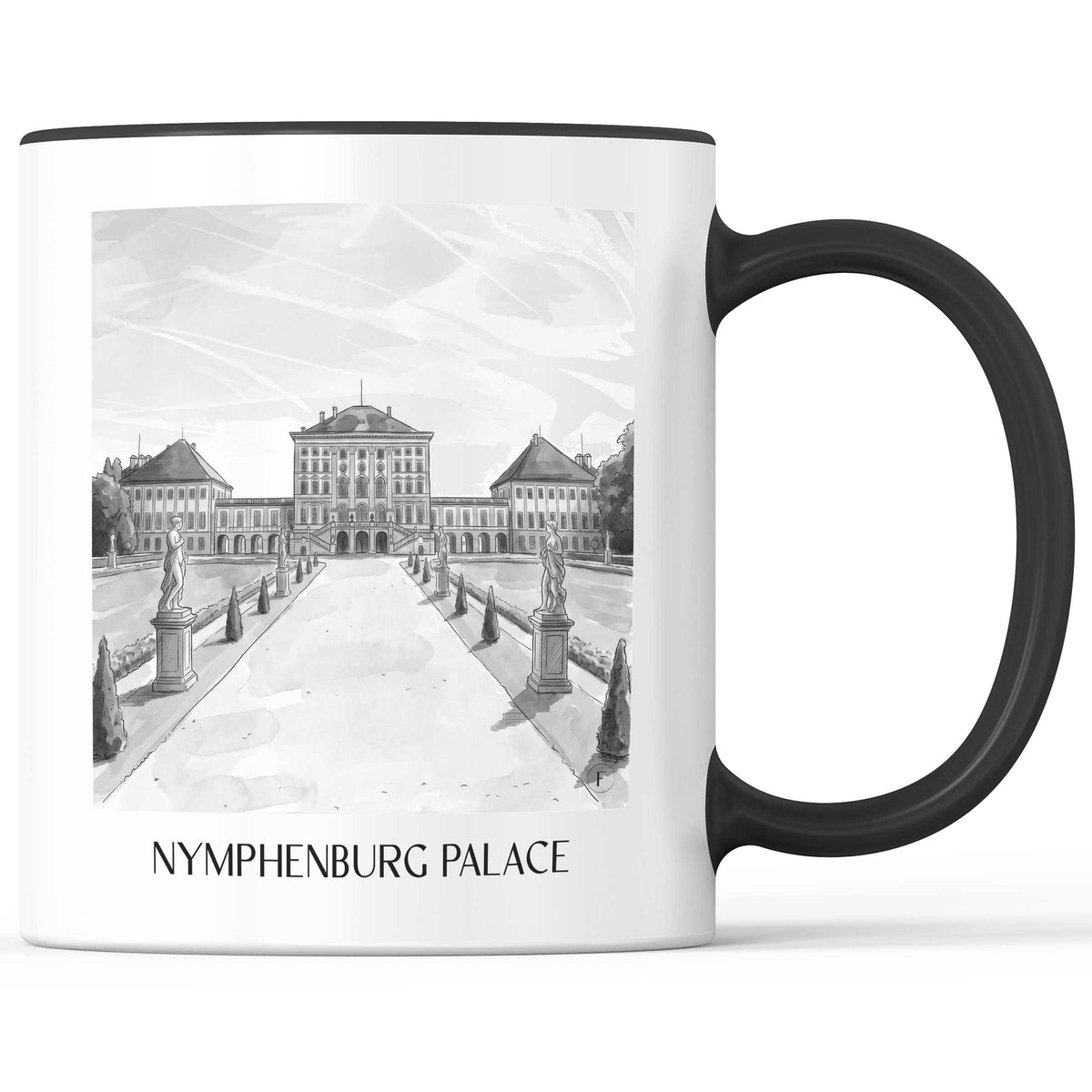 Schloss Nymphenburg Kaffeebecher - München - Deutschland Becher - Kaffeetasse im Aquarell Schwarz-Weiß Stil - favplace