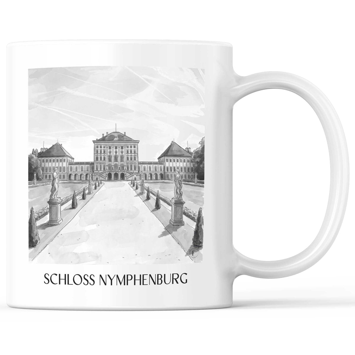Schloss Nymphenburg Kaffeebecher - München - Deutschland Becher - Kaffeetasse im Aquarell Schwarz-Weiß Stil - favplace