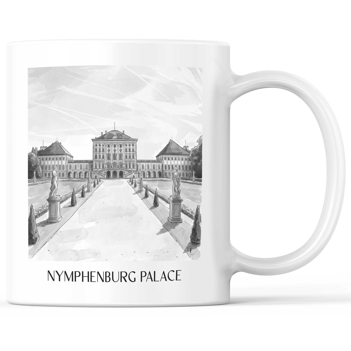 Schloss Nymphenburg Kaffeebecher - München - Deutschland Becher - Kaffeetasse im Aquarell Schwarz-Weiß Stil - favplace