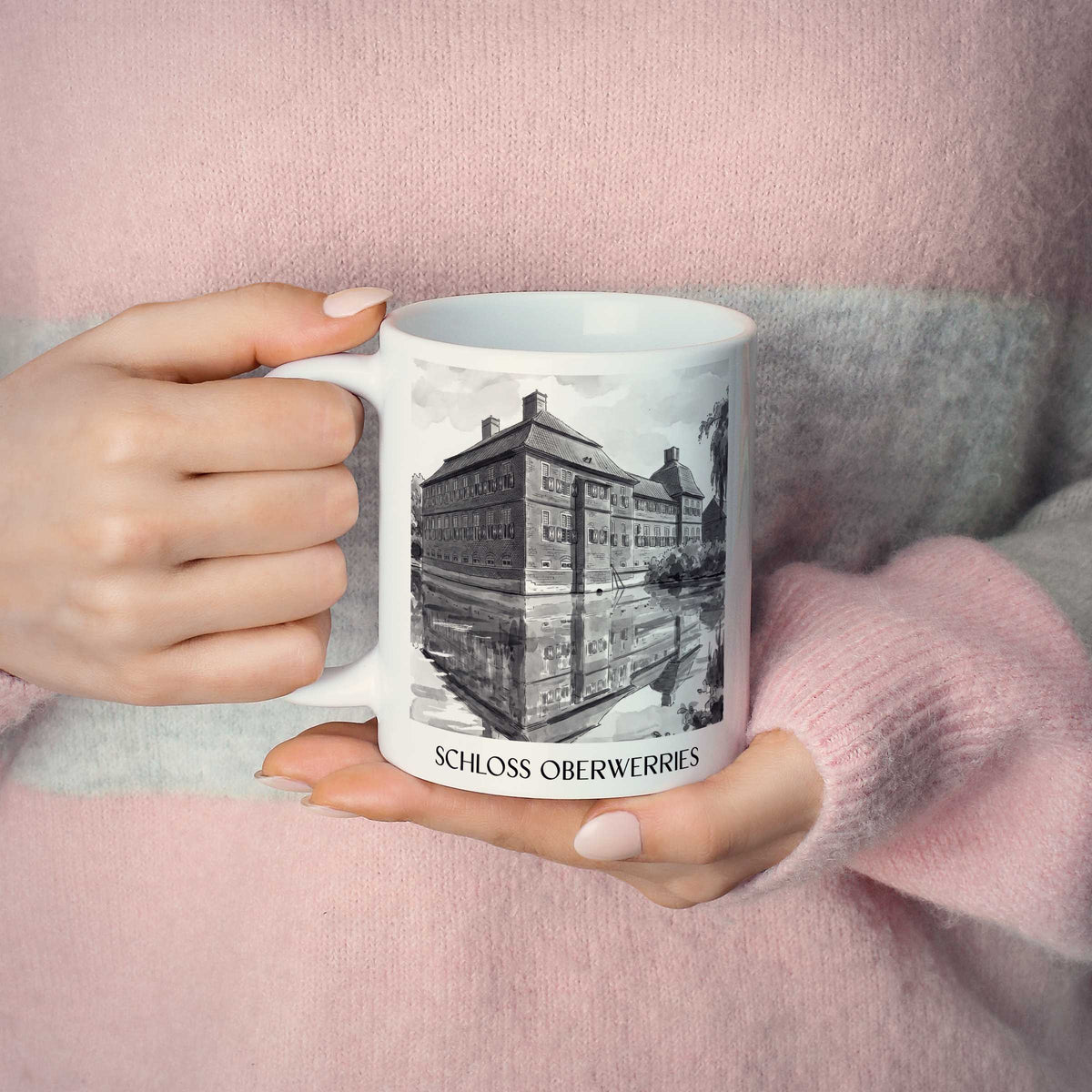 schloss-oberwerries-hamm-deutschland-kaffeebecher-aquarell-schwarz-weiss