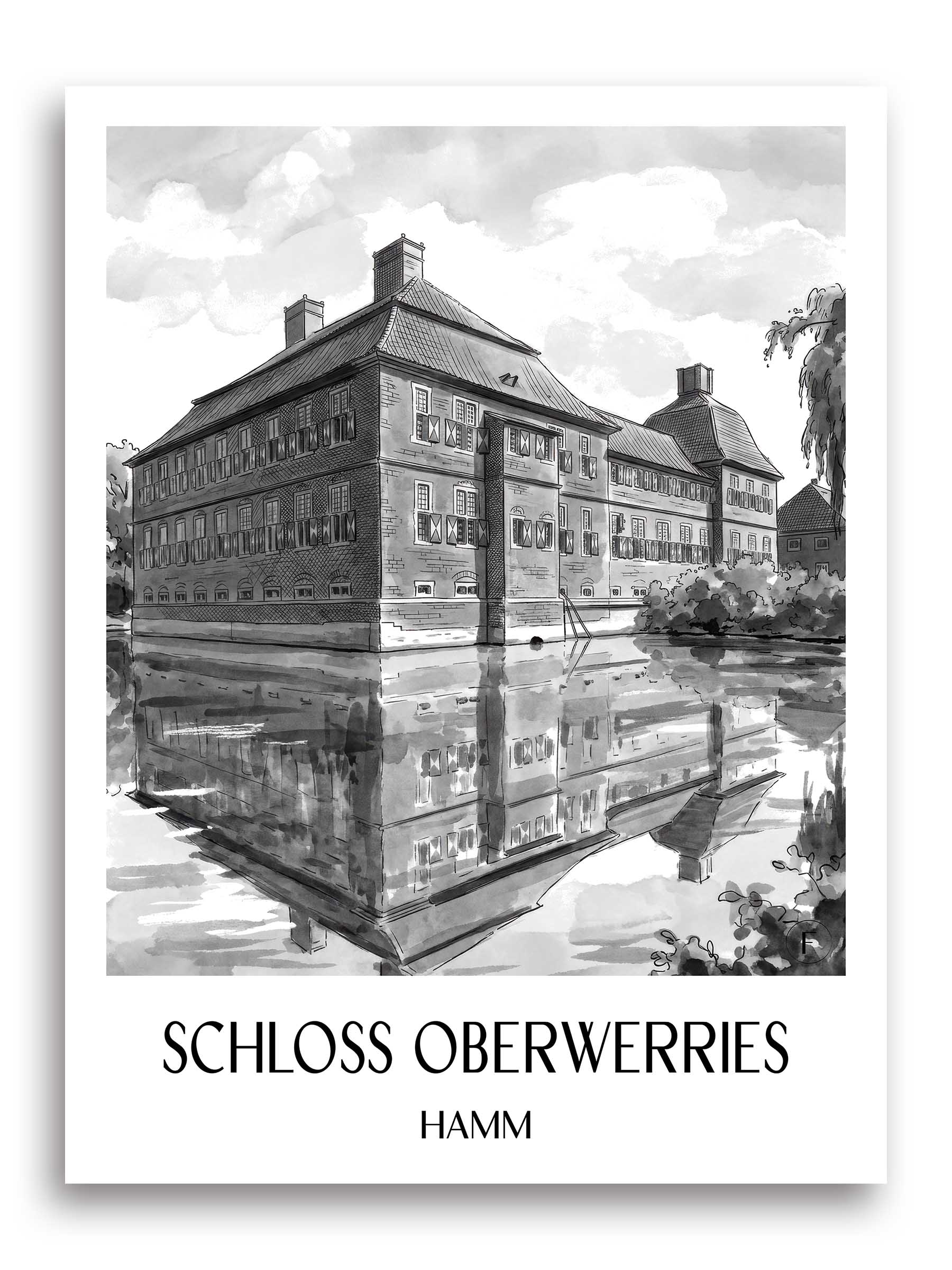 schloss-oberwerries-hamm-deutschland-poster-aquarell-schwarz-weiss