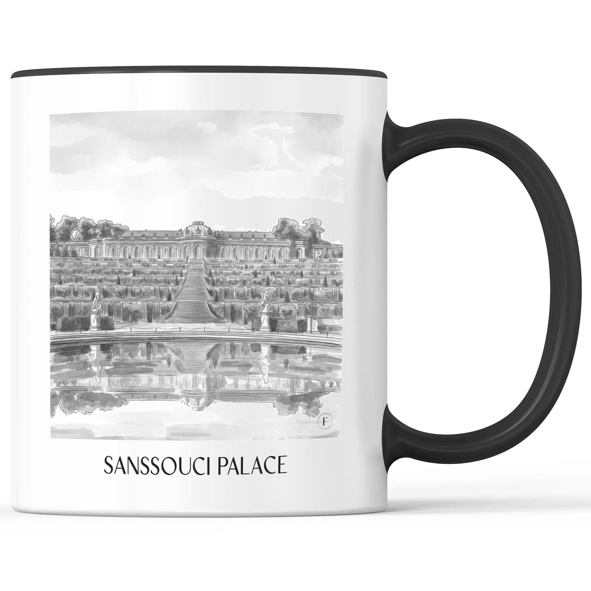 Schloss Sanssouci Kaffeebecher - Potsdam - Deutschland Becher - Kaffeetasse im Aquarell Schwarz-Weiß Stil - favplace