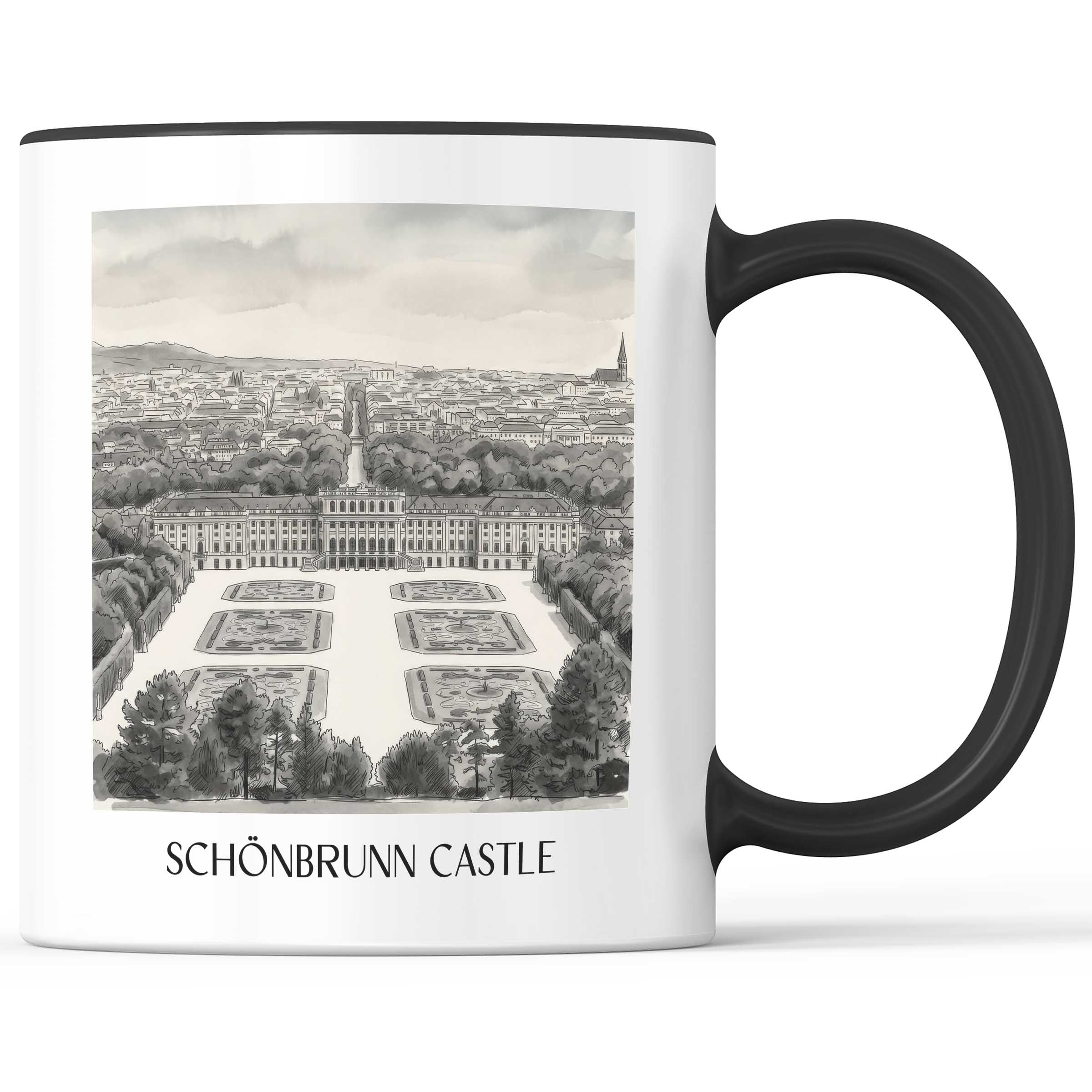 Schloss Schönbrunn Kaffeebecher - Wien - Österreich Becher - Kaffeetasse im Aquarell Schwarz-Weiß Stil - favplace