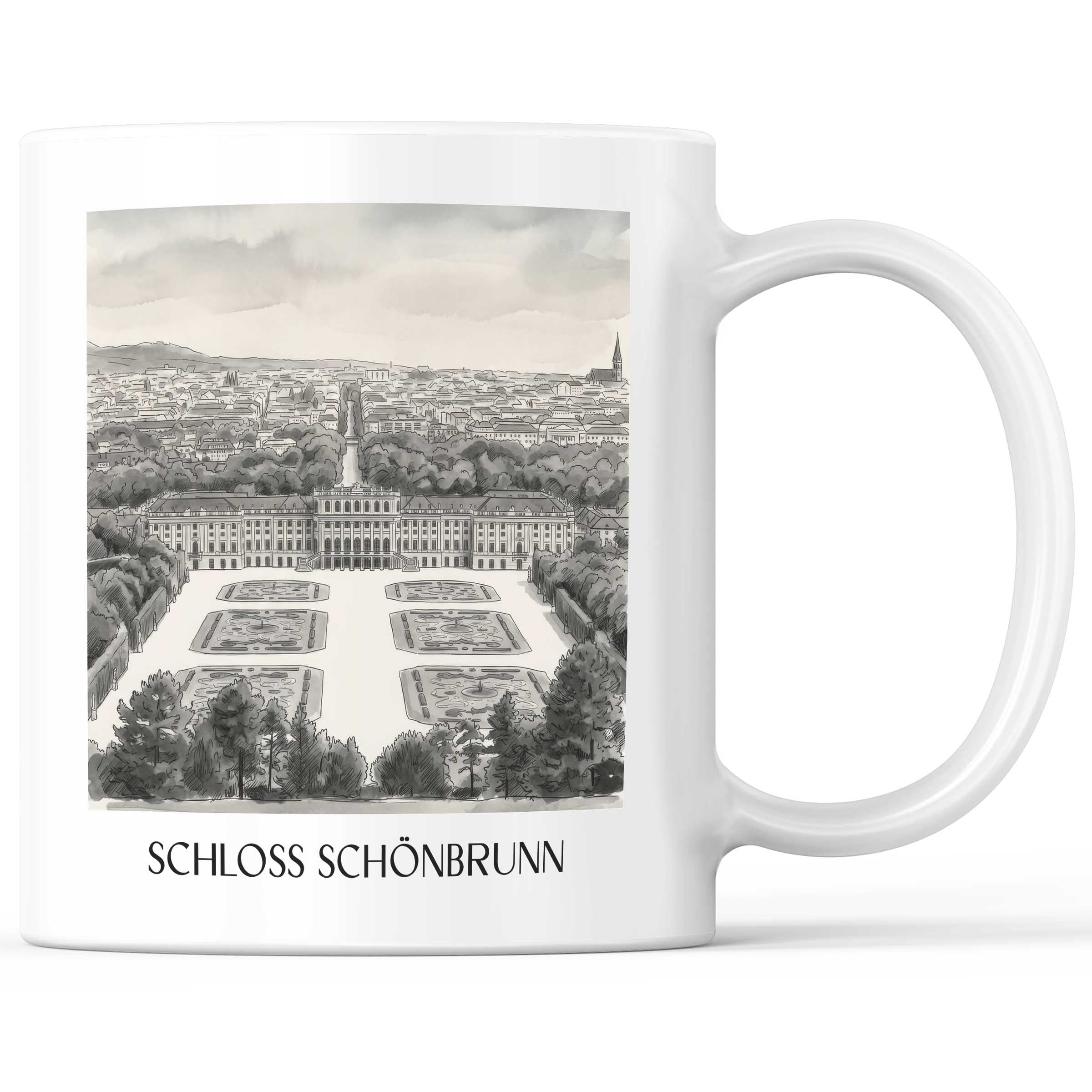 Schloss Schönbrunn Kaffeebecher - Wien - Österreich Becher - Kaffeetasse im Aquarell Schwarz-Weiß Stil - favplace