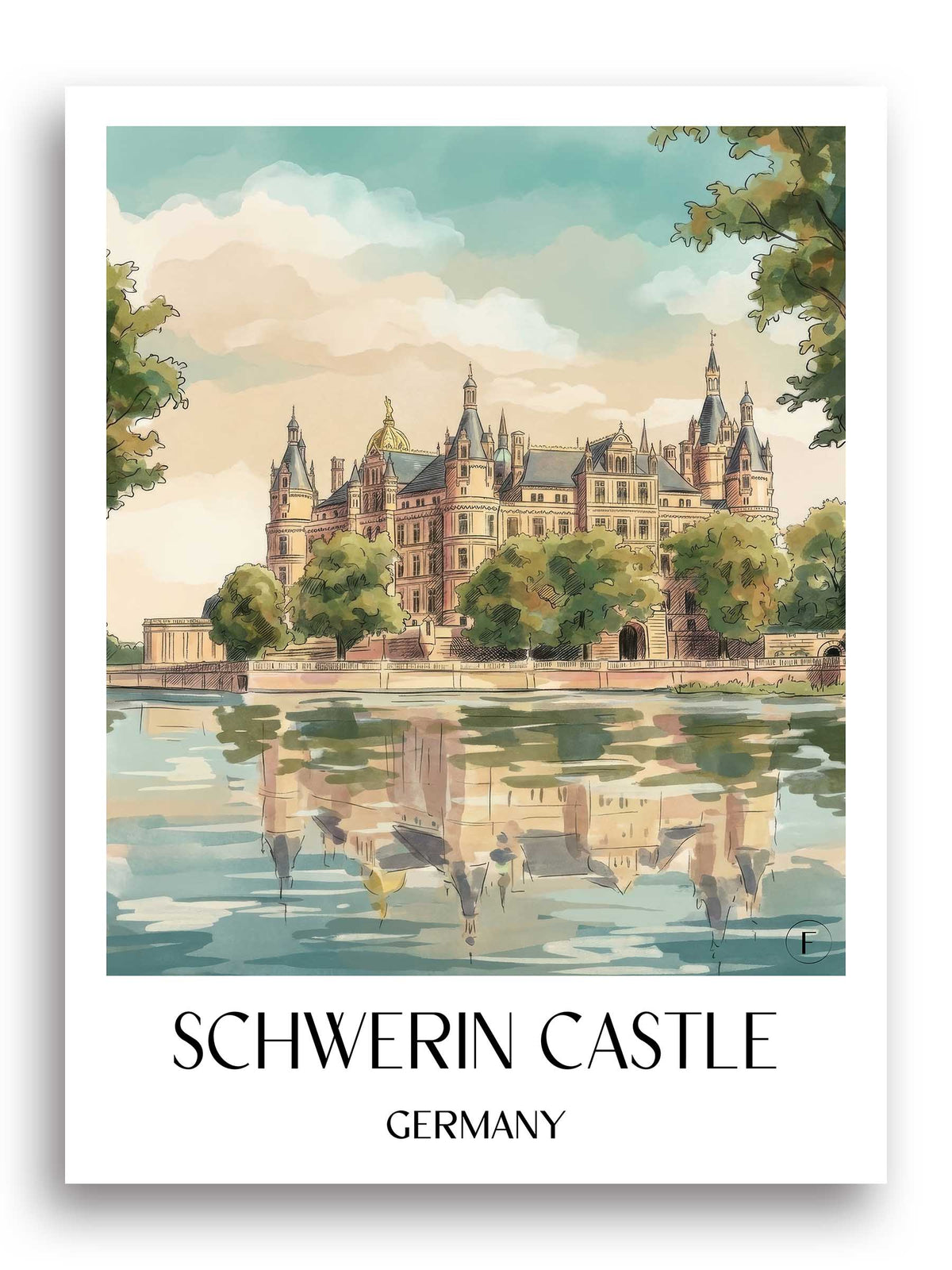 Schloss Schwerin Poster - Mecklenburg - Deutschland Kunstdruck - Aquarell von A4 bis A1 - favplace