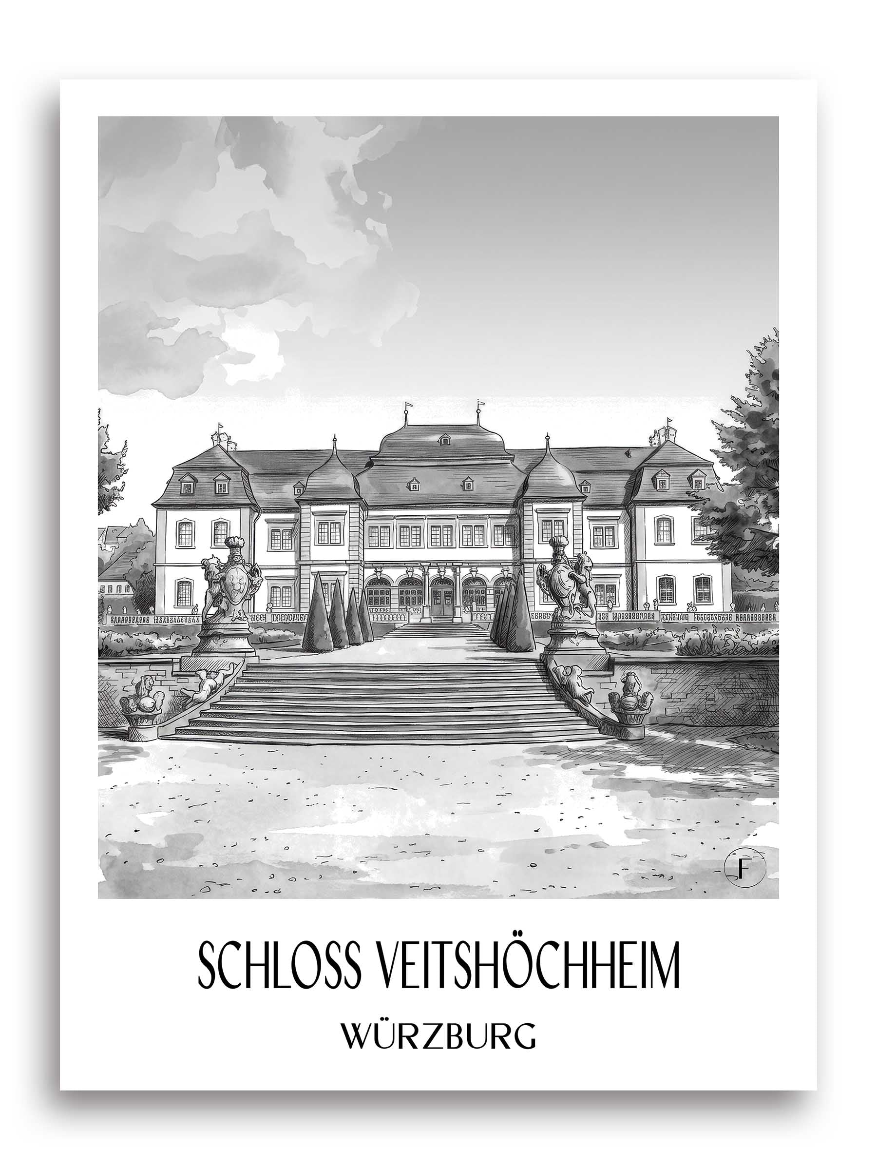 schloss-veitshöchheim-würzburg-deutschland-poster-aquarell-schwarz-weiss