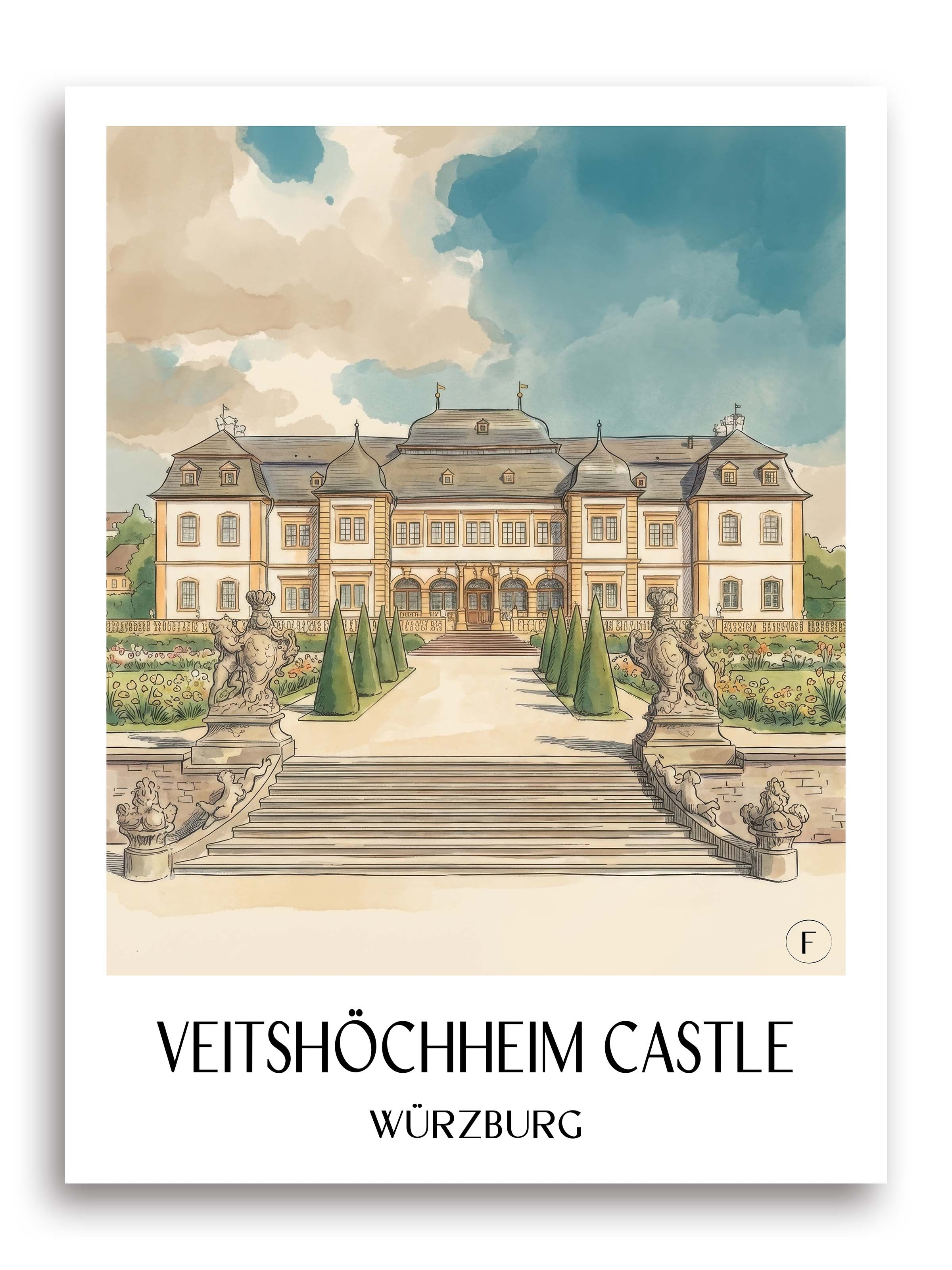 Schloss Veitshöchheim Poster - Würzburg - Deutschland Kunstdruck - Aquarell von A4 bis A1 - favplace
