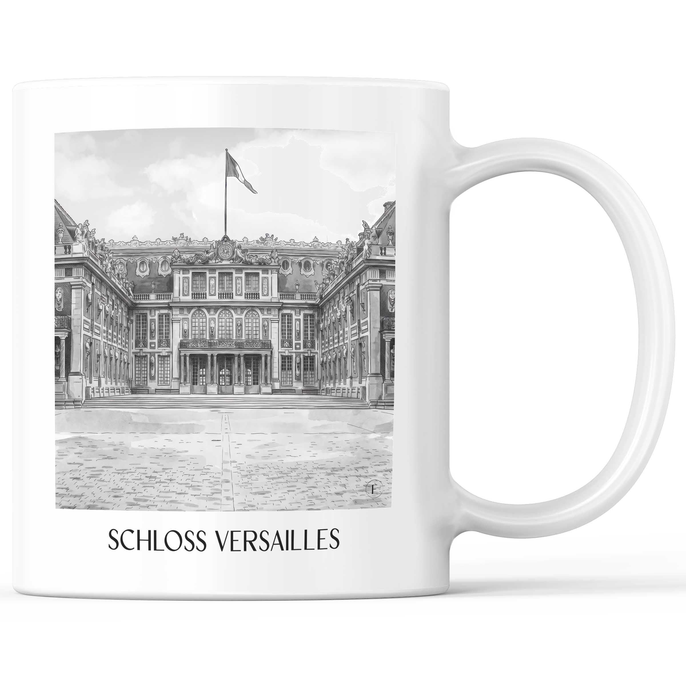 Schloss Versailles Kaffeebecher - Frankreich - Frankreich Becher - Kaffeetasse im Aquarell Schwarz-Weiß Stil - favplace