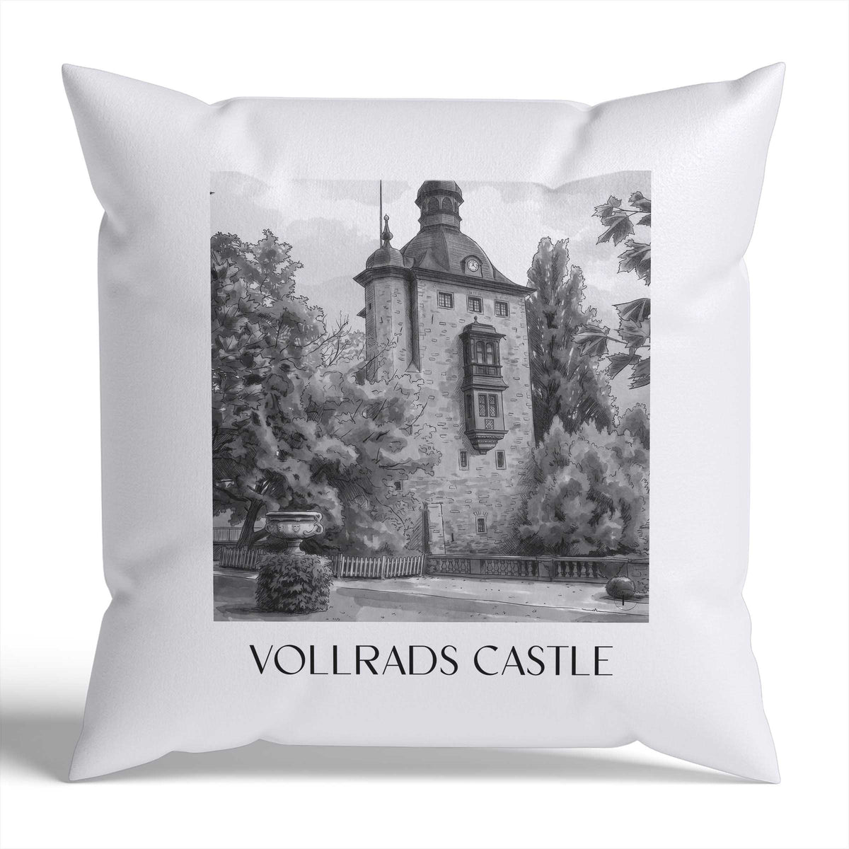 Schloss Vollrads Kissenhülle - Zierkissen Bezug - Rheingau - Deutschland Kissen bzw. Kissenbezug im Aquarell Schwarz-Weiß Stil - favplace