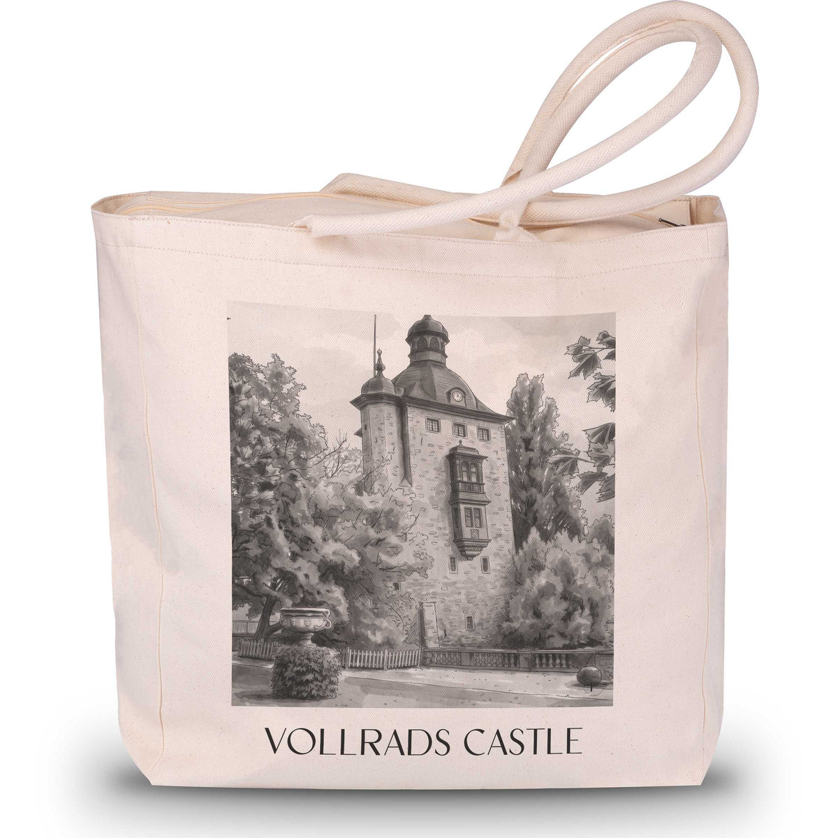 Schloss Vollrads Shopping Tasche - Rheingau - Deutschland Tote Bag - Einkaufstasche im Aquarell Schwarz-Weiß Stil - favplace
