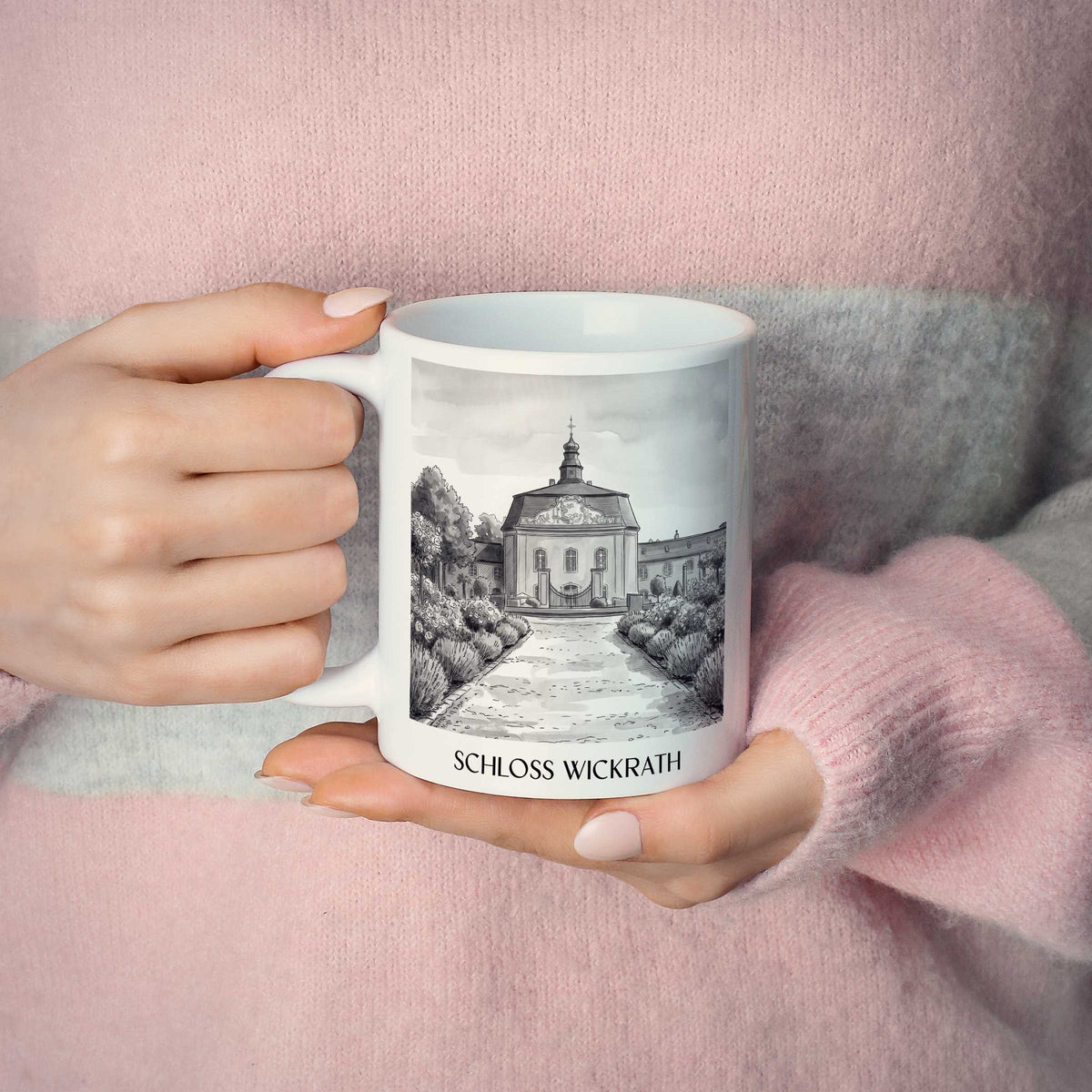 schloss-wickrath-möchengladbach-deutschland-kaffeebecher-aquarell-schwarz-weiss