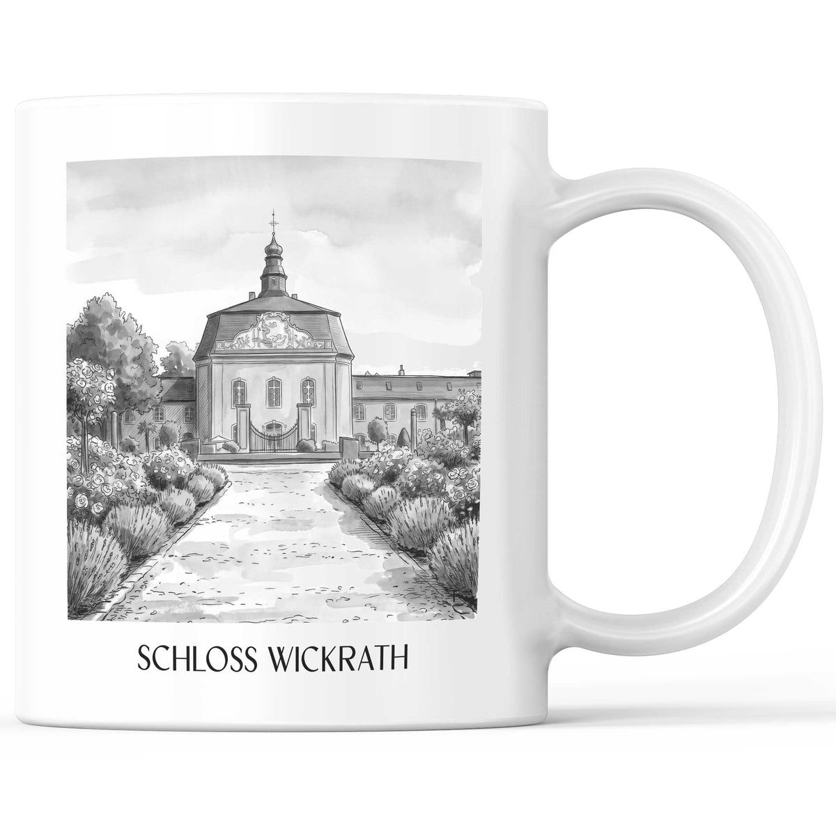 schloss-wickrath-möchengladbach-deutschland-kaffeebecher-aquarell-schwarz-weiss