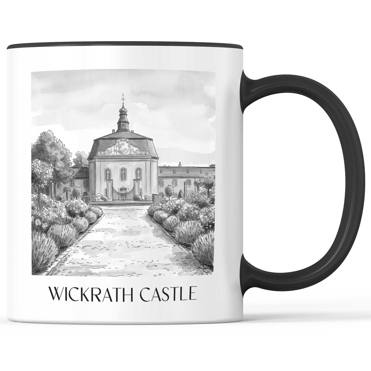 Schloss Wickrath Kaffeebecher - Möchengladbach - Deutschland Becher - Kaffeetasse im Aquarell Schwarz-Weiß Stil - favplace